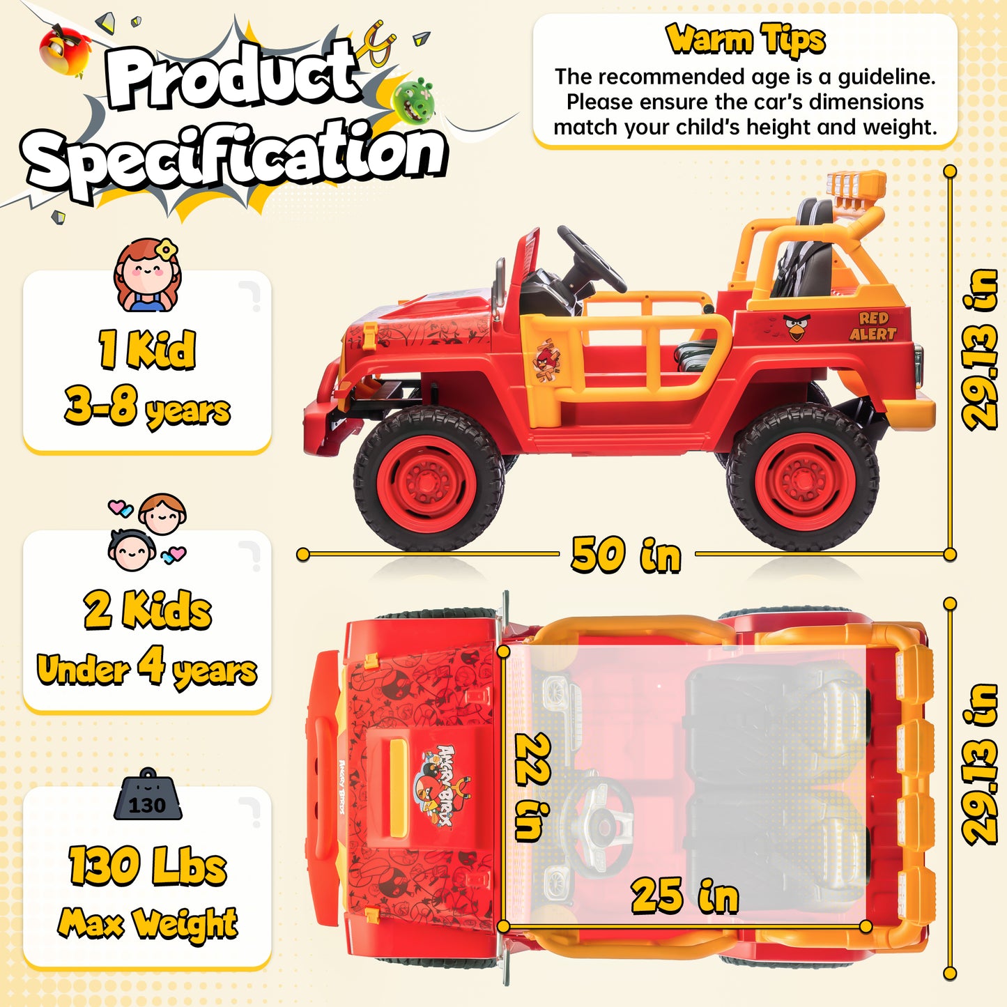 Joyracer 24 Volt Ride on Toys for Big Kids, Licensed Angry Birds Powered Ride on Truck with Remote Control, 2 Seater 4WD Ride ons with Shovel, Bluetooth, Lights, Electric Car for 3-8, 130lbs