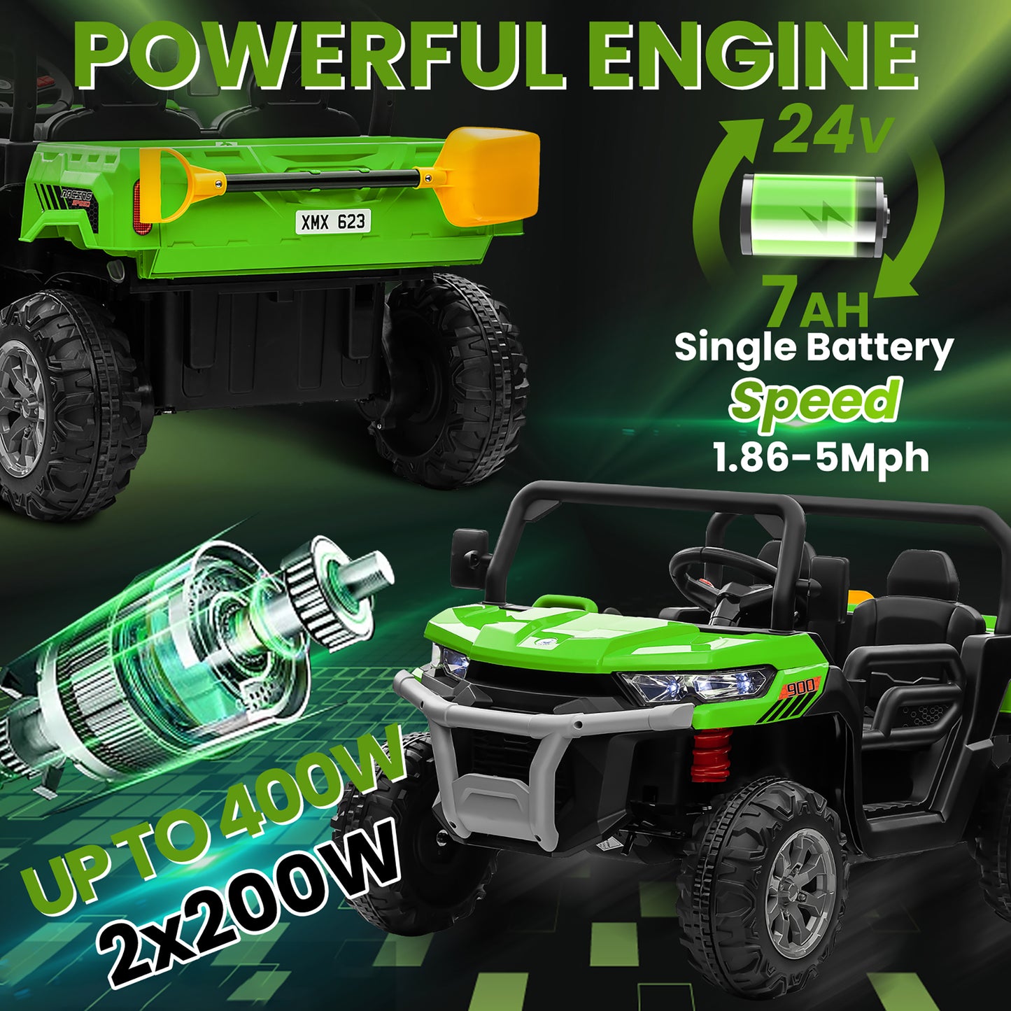Joyracer 24V Ride on Toys UTV with Remote Control, Outdoor Electric Cars for Kids, 2 Seater Powered Ride on Dump Truck w/ Trailer, Shovel, 3 Speeds, Music, Big Kids, Green