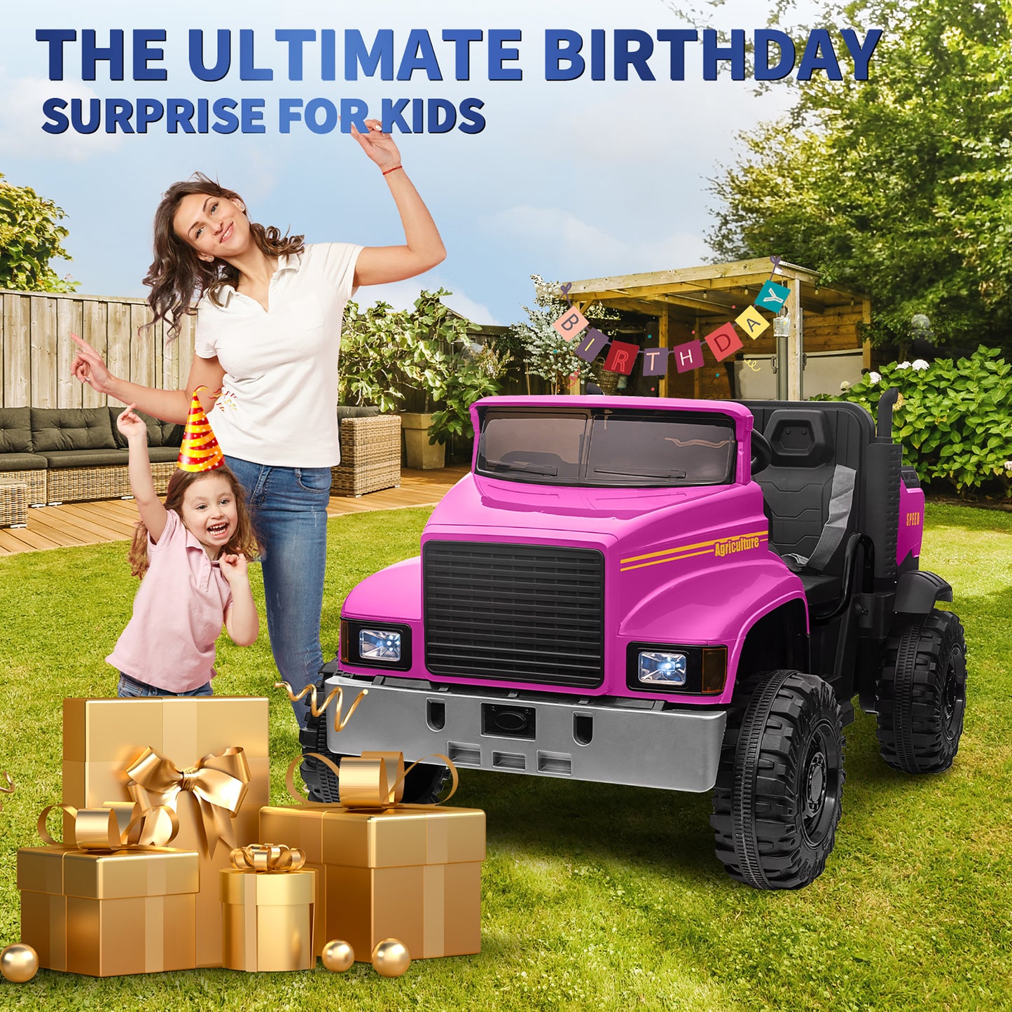 24V 2 Seater Kids Ride on Dump Truck Car, Electric Powered Ride on Toy Tractor with Trailer Remote Control