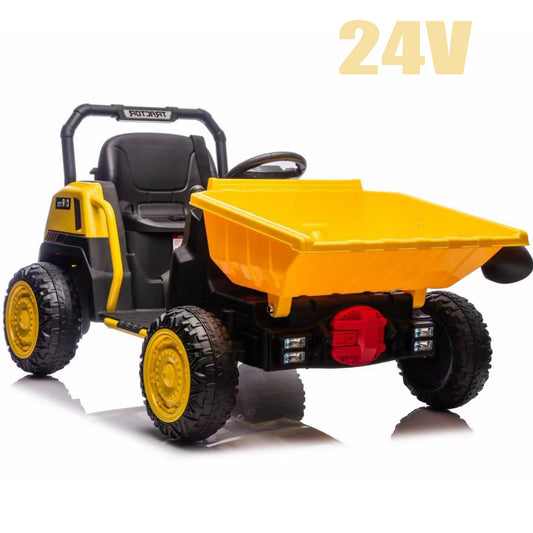 24 Volt Ride on Dump Truck for Kids, Joyracer Ride on Car with Remote Control, Metal Frame ,Bluetooth, Music, Dump Bed, Shovel, Power Car Wheels for Toddlers, Yellow-A