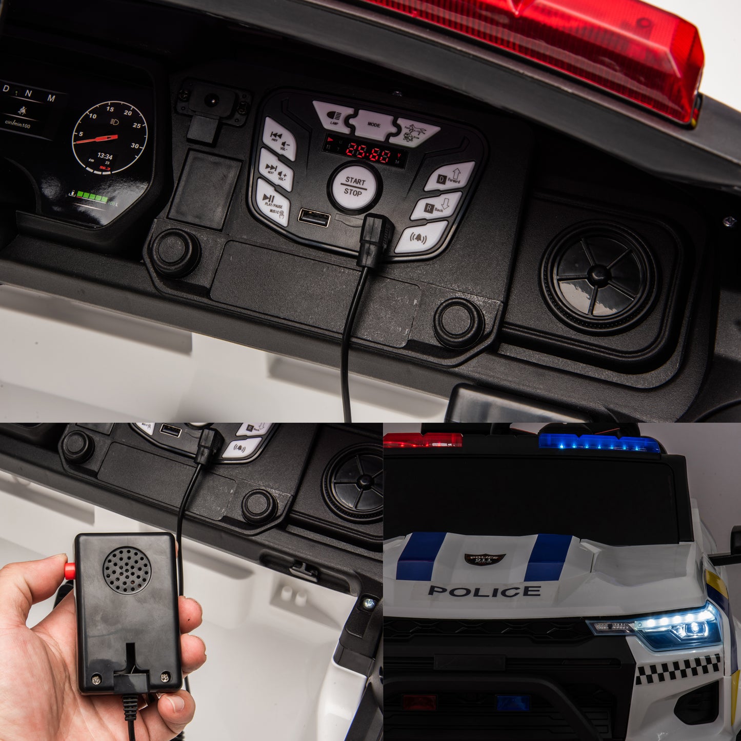 2-Seater Electric Police Car, 24V Ride on Toys w/ Remote, Intercom, Siren, Music, Age 3-8 Yrs, White-604