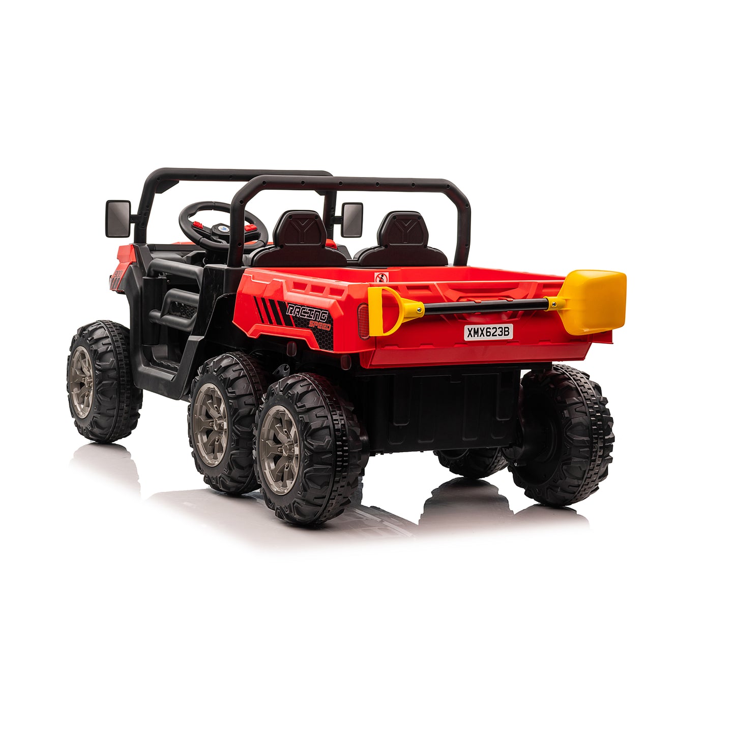 24V Kids Ride on Dump Tractor with Remote Control, 2 Seater Ride On Truck Car w/ 4x75W Motor, Electric Powered 6 Wheels w/ Tipping Bucket Trailer, Shovel, Spring Suspension, Bluetooth Music, Red