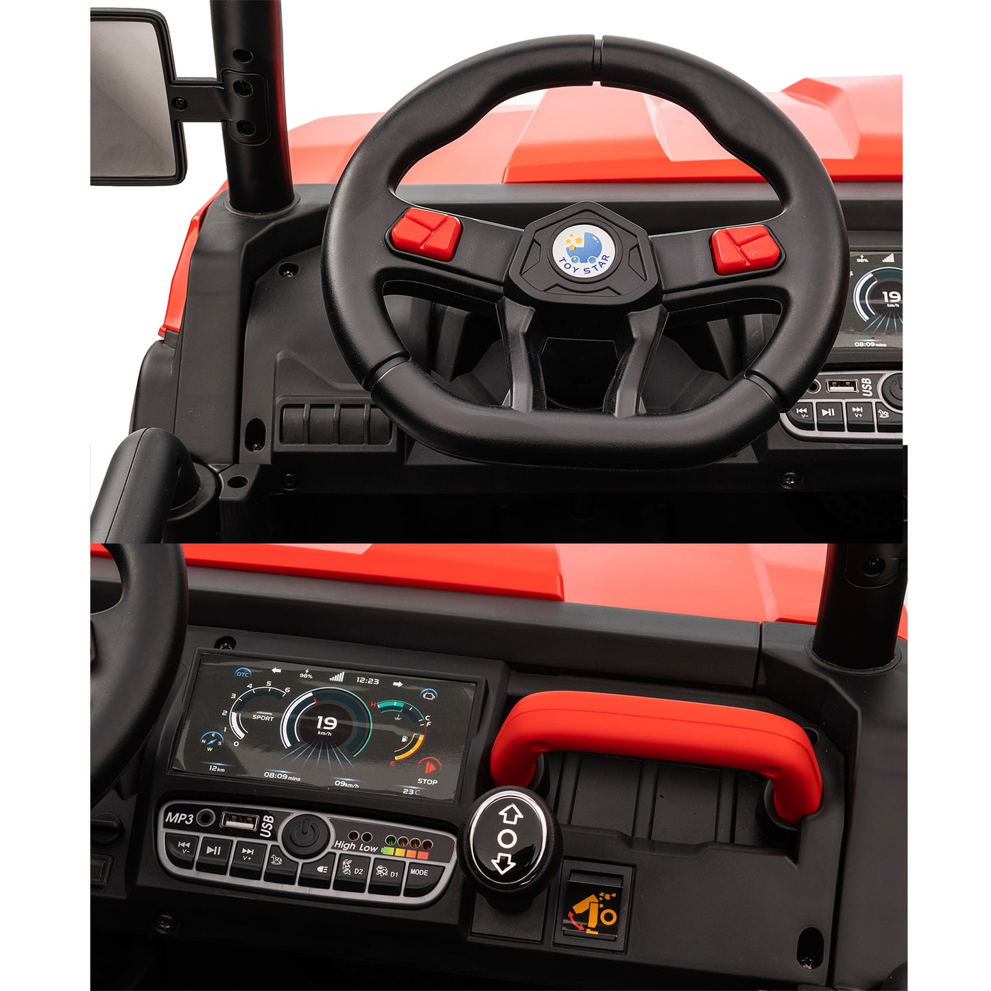24V Kids Ride on Tractor with Remote Control, 2 Seater Ride on Truck for Kids Gift, 2x200W Motor, Electric Battery Powered Ride on Toy with Trailer & Shovel, Horn, MP3, Bluetooth Music, Red-623