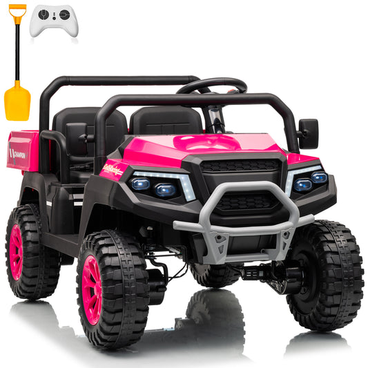 Joyracer 4WD 24 Volt Ride on Toys UTV with 2 Seater & Remote Control, Kids Electric Golf Cart w/ 4x200W Power Motors, Tiltable Trailer & Shovel, 4 Wheels Spring Suspension, Bluetooth USB Music, Black,Green, Red,Pink-650D