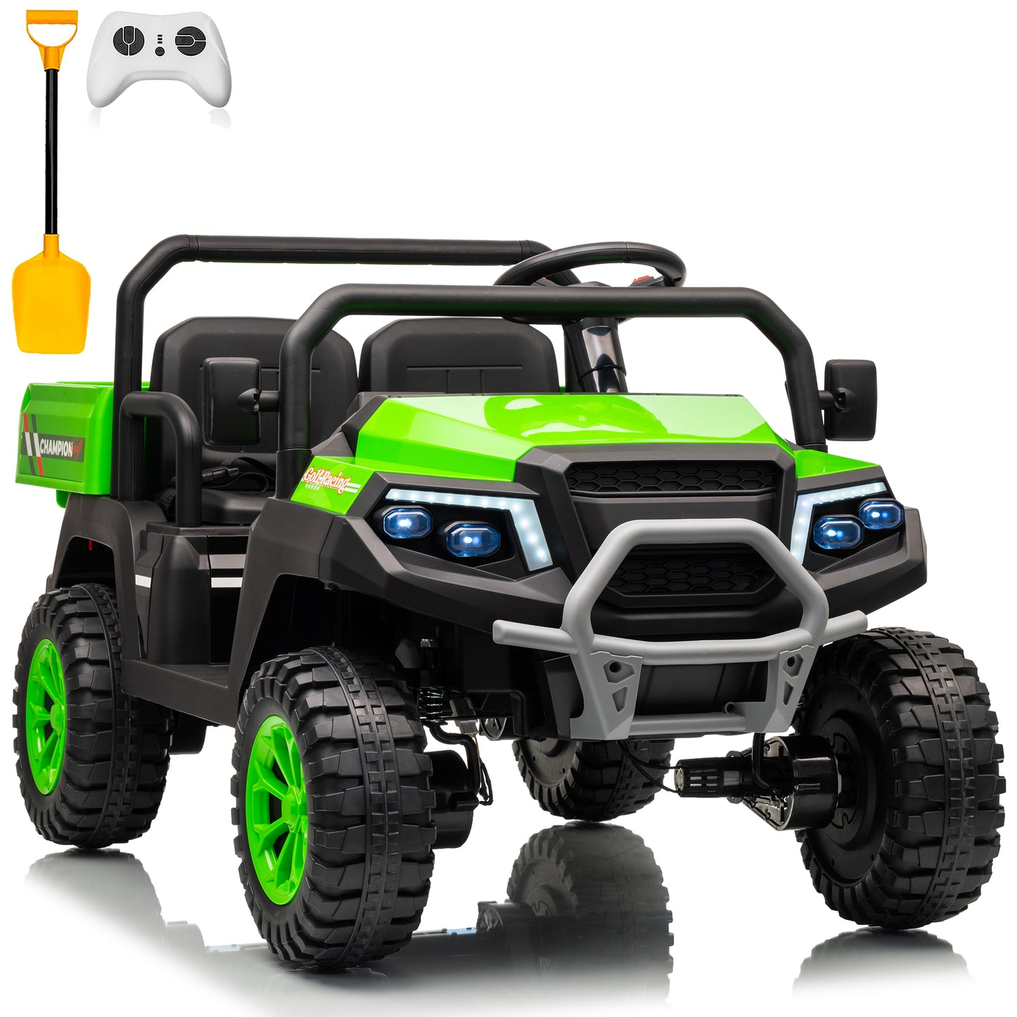 Joyracer 4WD 24 Volt Ride on Toys UTV with 2 Seater & Remote Control, Kids Electric Golf Cart w/ 4x200W Power Motors, Tiltable Trailer & Shovel, 4 Wheels Spring Suspension, Bluetooth USB Music, Black,Green, Red,Pink-650D