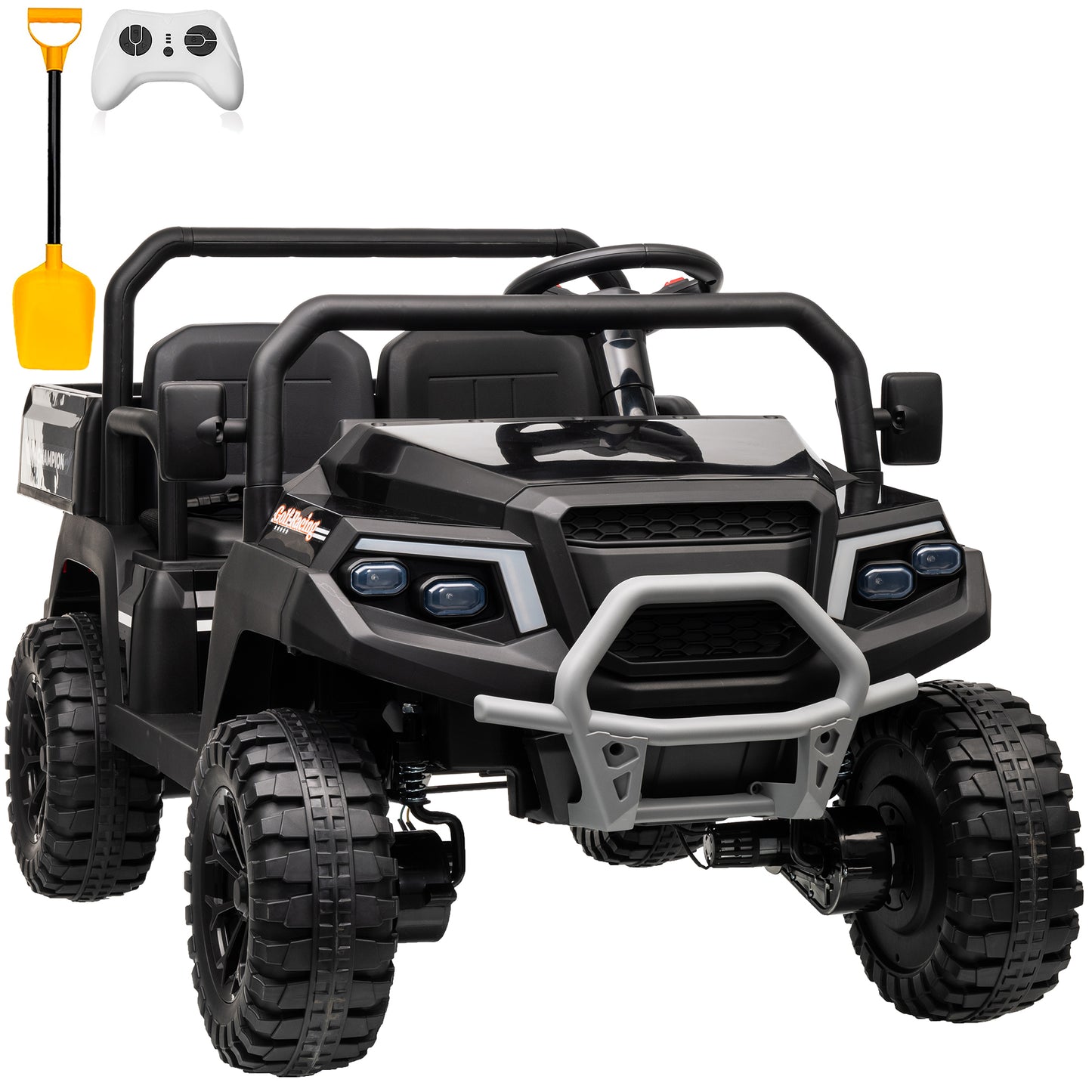 Joyracer 4WD 24 Volt Ride on Toys UTV with 2 Seater & Remote Control, Kids Electric Golf Cart w/ 4x200W Power Motors, Tiltable Trailer & Shovel, 4 Wheels Spring Suspension, Bluetooth USB Music, Black,Green, Red,Pink-650D
