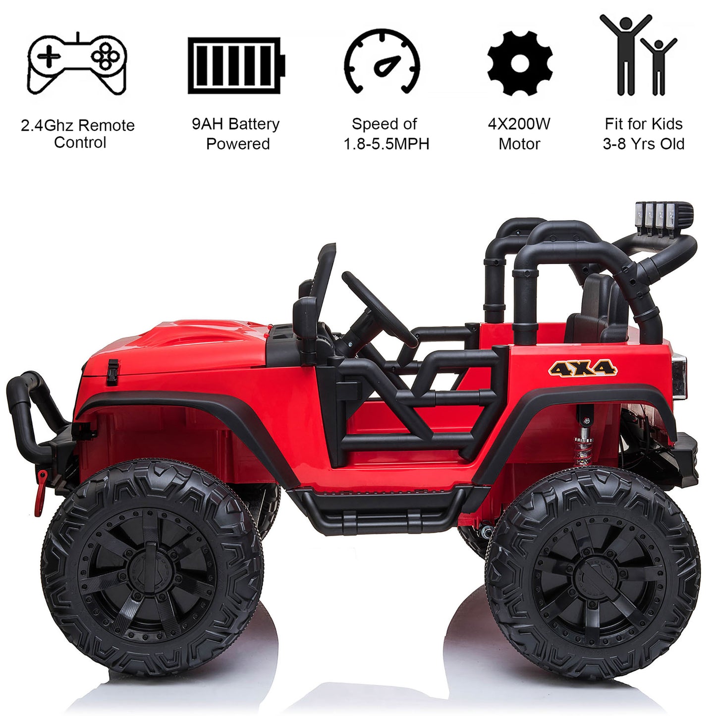 4x4 24V Kids Ride on Truck Car with Remote Control & 2 Seater, 800W Motor, 9 AH Battery Powered Toy Car with Spring Suspension,Wheels, 3 Speeds,LED Lights, Bluetooth Music for Girl Boy Red