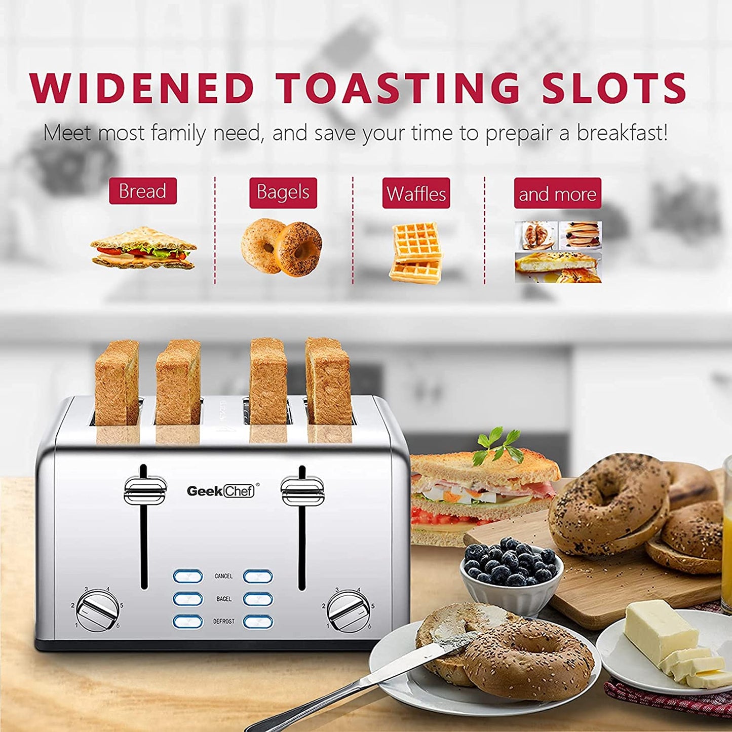 Anrli 4 Slice Toaster Extra Wide Slot Toaster Stainless Steel with Dual Control Panels of Bagel/Defrost/Cancel Function, 6 Toasting Bread Shade Settings, Removable Crumb Trays, Auto Pop-Up,Sliver