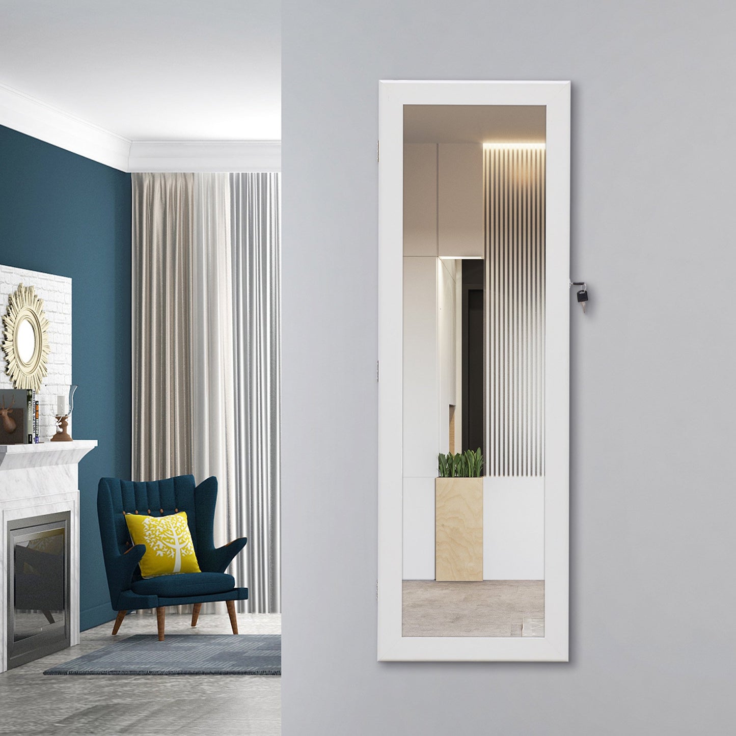 6 LEDs Hanging Mirror Jewelry Armoire Cabinet, Lockable Wall/Door Mounted Jewelry Armoire Organizer with with Full Length Mirror 2 Drawers,White