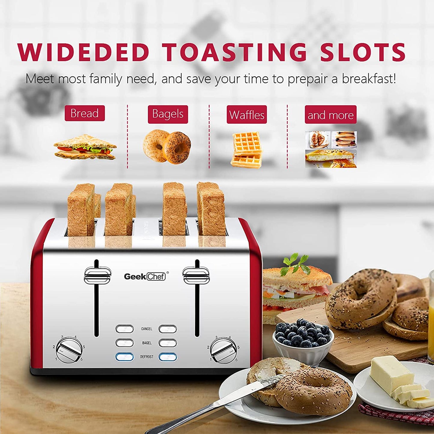Anrli 4 Slice Toaster Extra Wide Slot Toaster Stainless Steel with Dual Control Panels of Bagel/Defrost/Cancel Function, 6 Toasting Bread Shade Settings, Removable Crumb Trays, Auto Pop-Up