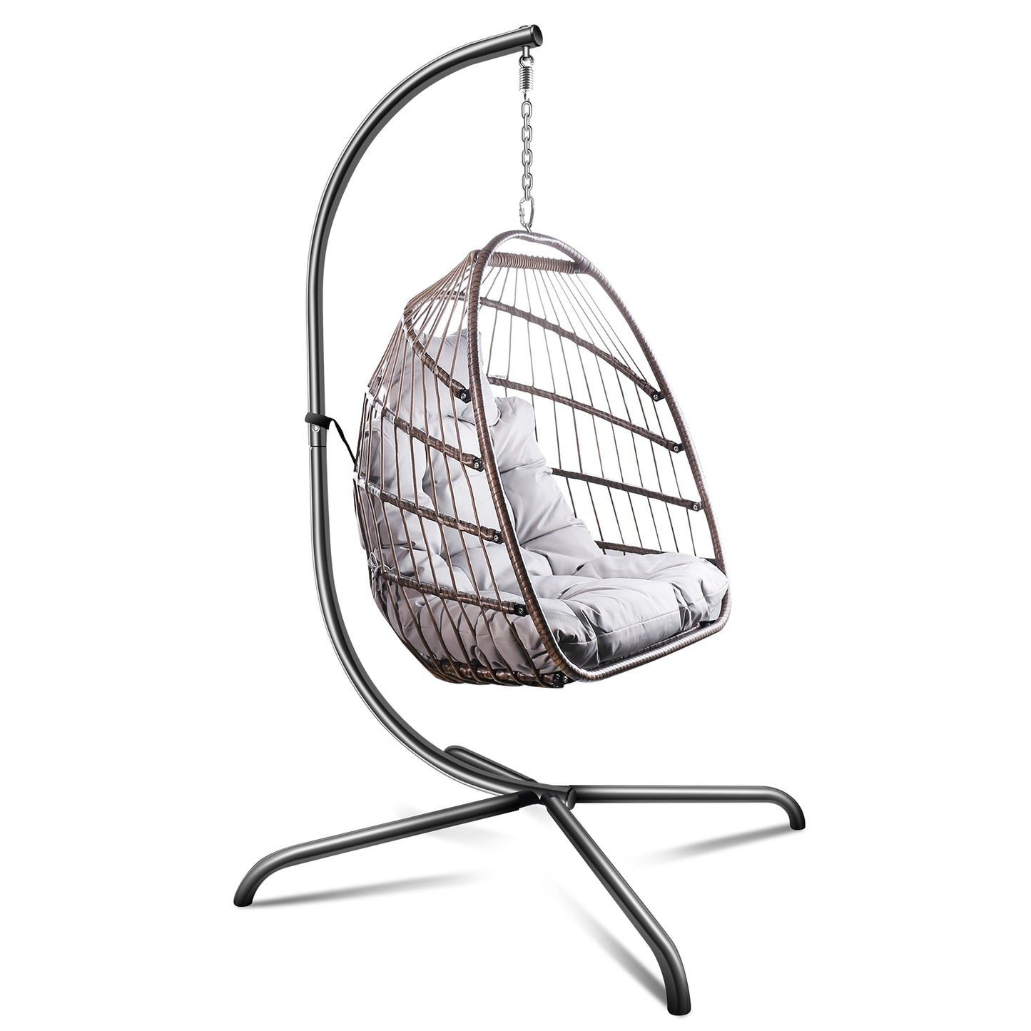 Anrli Patio Foldable Swing Chair Porch PE Wicker Egg Hanging Chair Hammock Chair with Stand and Cushion for Outdoor Balcony Indoor Bedroom,350lbs Capaticy Beige