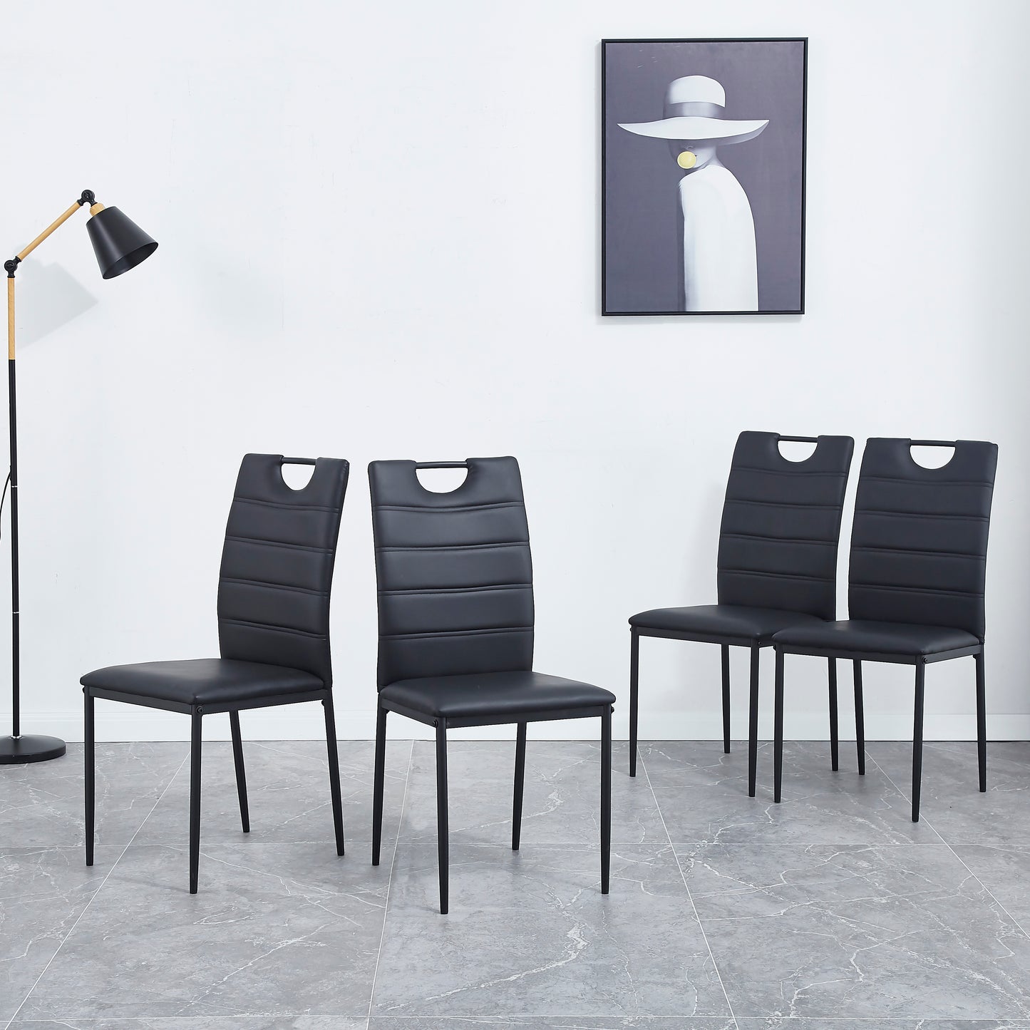 Leather Dining Chair with Cushion and D-hand High Back,Assembled Dinner Room Chairs,Set of 4,Black