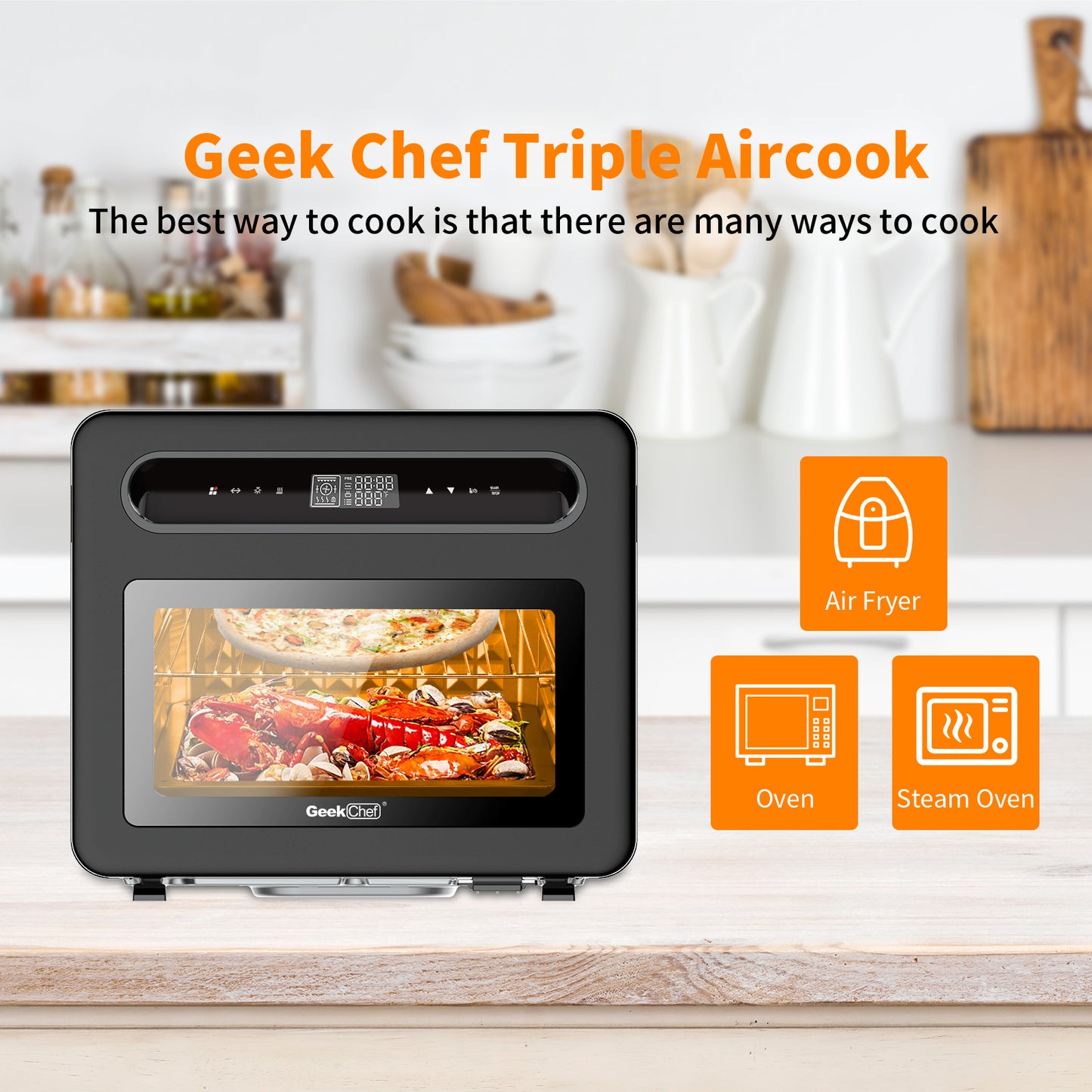 Anrli Steam Air Fryer Toaster Oven Combo,26 QT Convection Oven Countertop Oven with 50 Cooking Presets,Roast,Broil,Steam,Dehydrate, Oil-Free with 6 Slice Toast,Black Stainless Steel