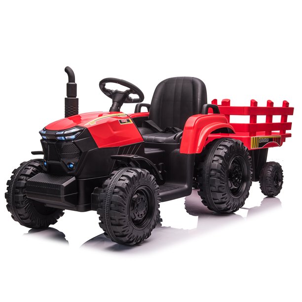 24V Kids Ride On Car Tractor with Remote Control, 400W Motor, 9 AH Battery Powered Ride On Toy Truck with Trailer, Suspension, 3 Speeds, USB/MP3 Music for Girl Boy Red