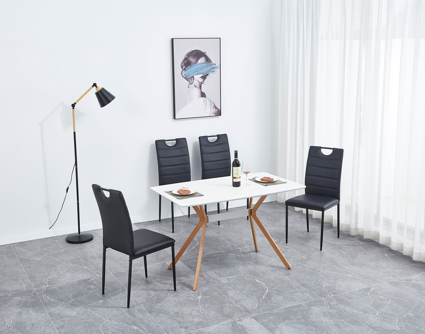 Leather Dining Chair with Cushion and D-hand High Back,Assembled Dinner Room Chairs,Set of 4,Black