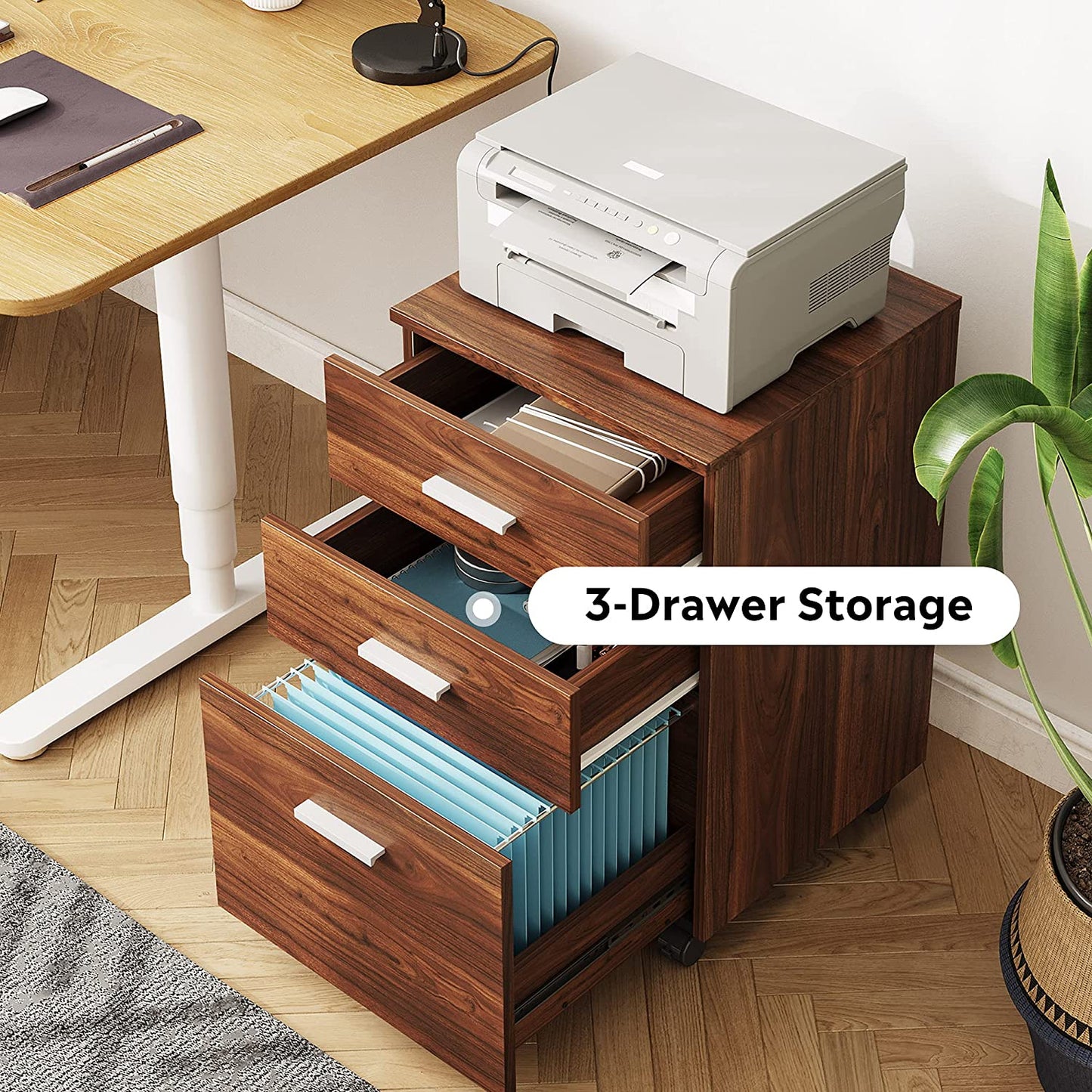 AnrLi 3 Drawer Wood Mobile File Cabinet Filling Cabinets for Office OL Home Bedding Room