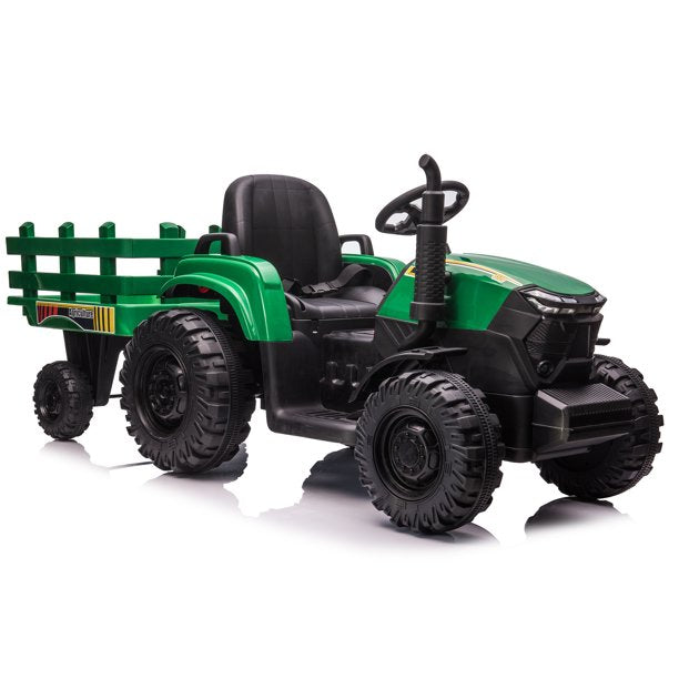 24V Kids Ride on Tractor with Trailer & Remote Control, 400W Strong Engine, 9 AH Battery Powered Ride On Toy, 3 Speeds, LED Lights, MP3/USB Music Green