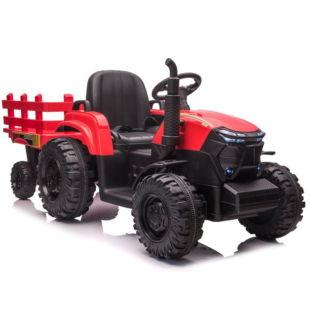 24V Kids Ride on Tractor with Trailer & Remote Control, 400W Strong Engine, 9 AH Battery Powered Ride On Toy, 3 Speeds, LED Lights, MP3/USB Music Red