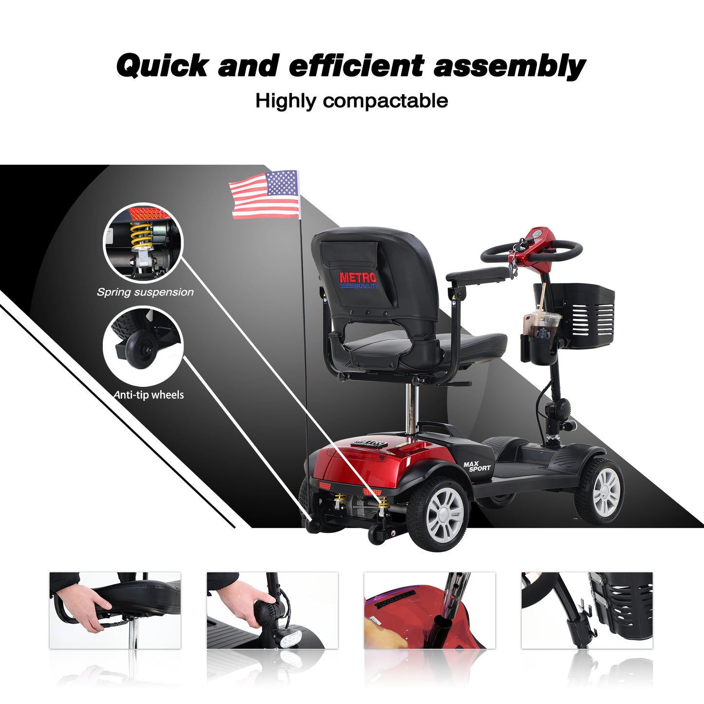 AnrLi 4 Wheel Folding Mobility Scooter,Compact Travel Power Mobility Scooters w/ 2pcs*12AH Lead Acid Battery for Travel,Adults,Elderly
