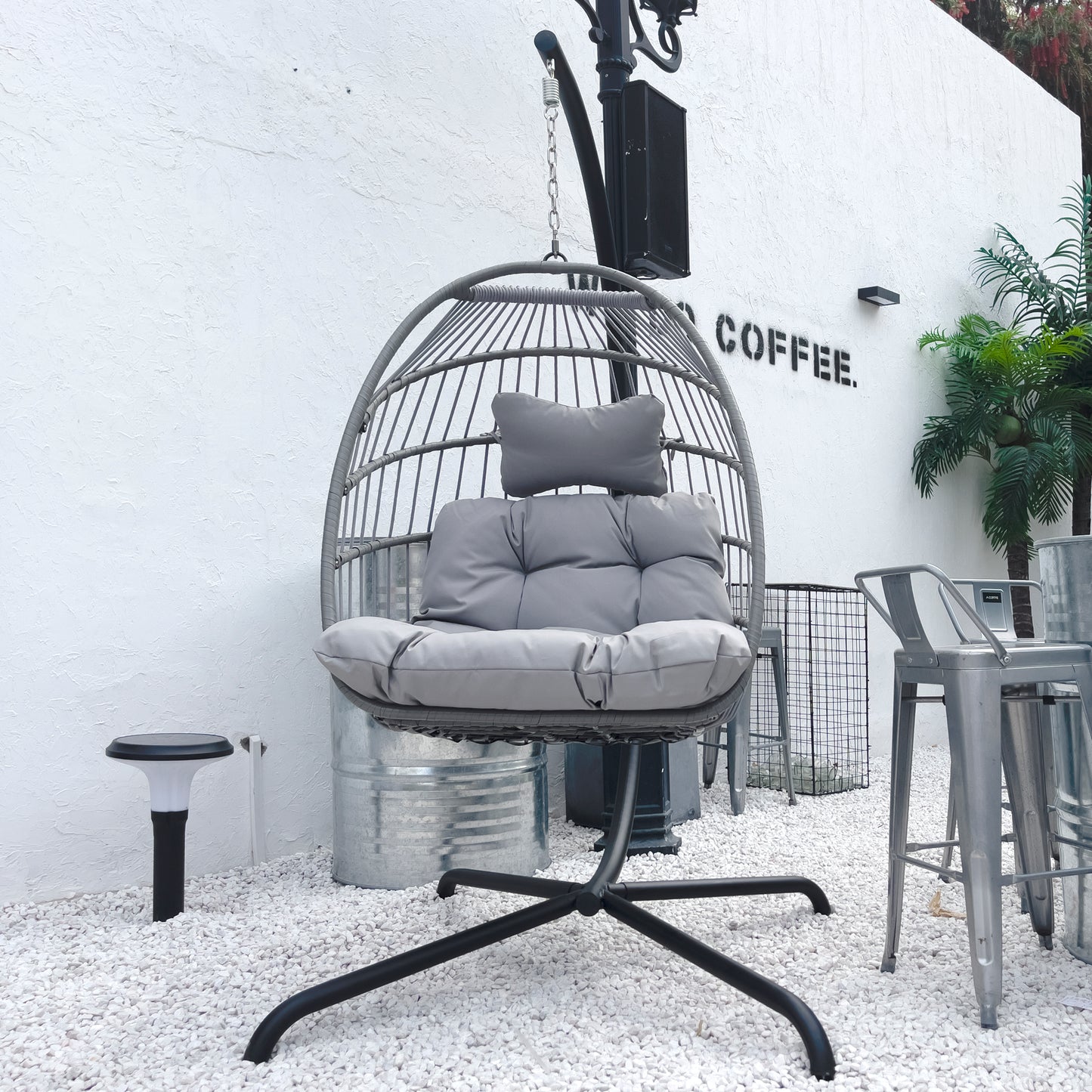 Anrli Indoor Outdoor Patio Wicker Hanging Chair Swing Foldable Hammock Egg Chairs with Stand and Cushions for Kids Adult Patio Bedroom Balcony Gray,350lbs Capaticy