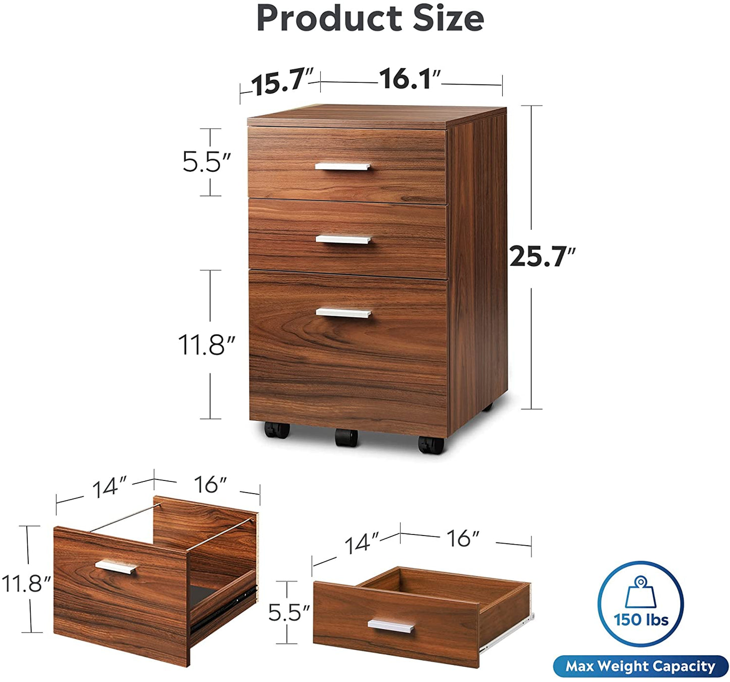 AnrLi 3 Drawer Wood Mobile File Cabinet Filling Cabinets for Office OL Home Bedding Room