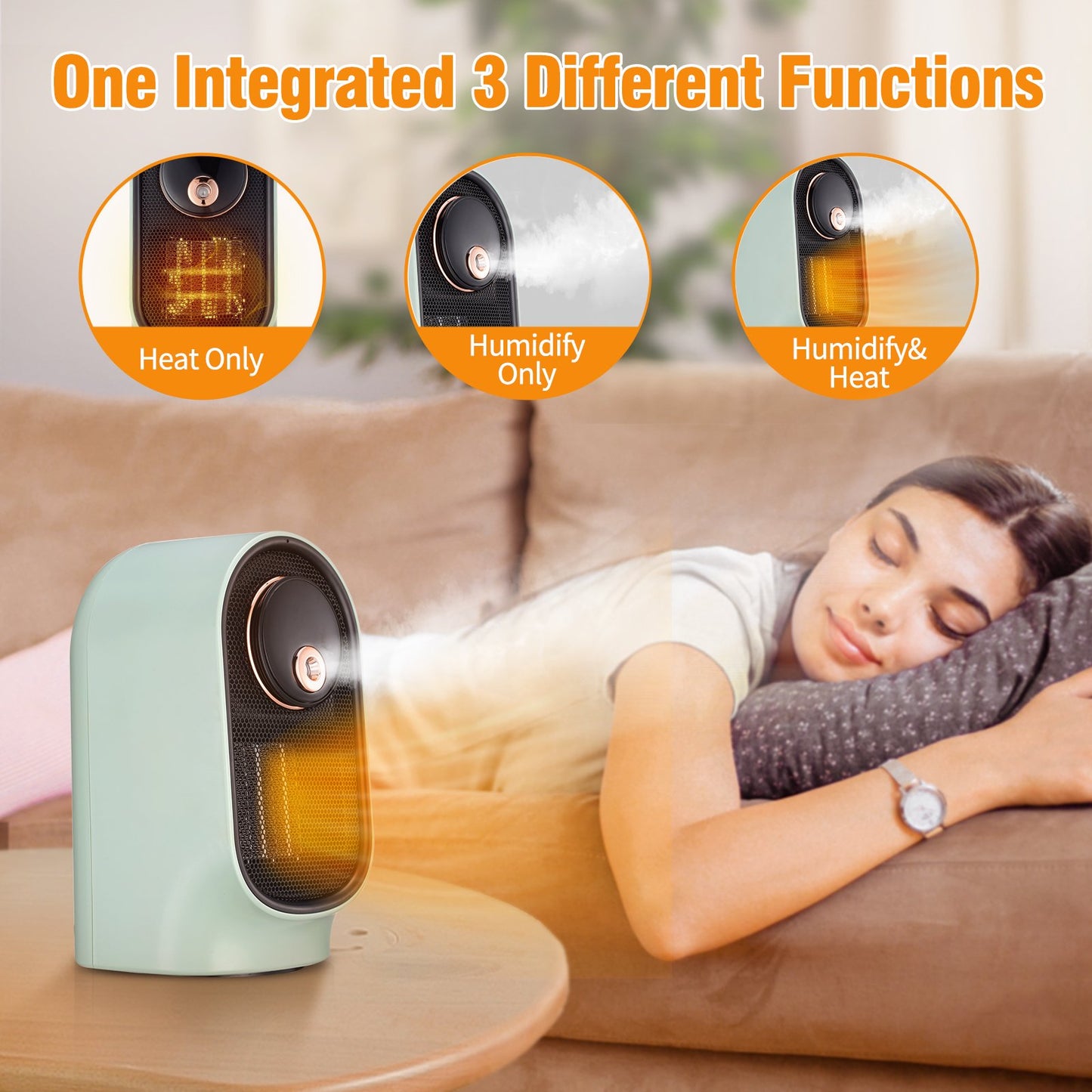 3-in-1 Electric Space Heater with humidifier 800W Portable Heater with Overheat Protection & 90°Oscillating for Small Room Home Camping Office Desk Green