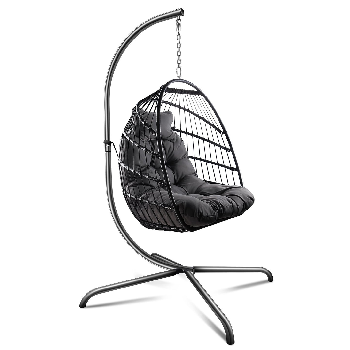 Anrli Foldable Swing Egg Chair with Stand Indoor Outdoor Wicker Rattan Patio Basket Hanging Foldable with Cushion Pillow and C Type Bracket for Kids Adult,Black