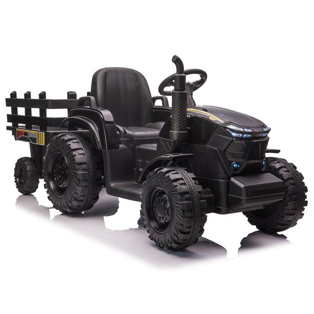 24V Kids Ride on Tractor with Trailer & Remote Control, 400W Strong Engine, 9 AH Battery Powered Ride On Toy, 3 Speeds, LED Lights, MP3/USB Music Black