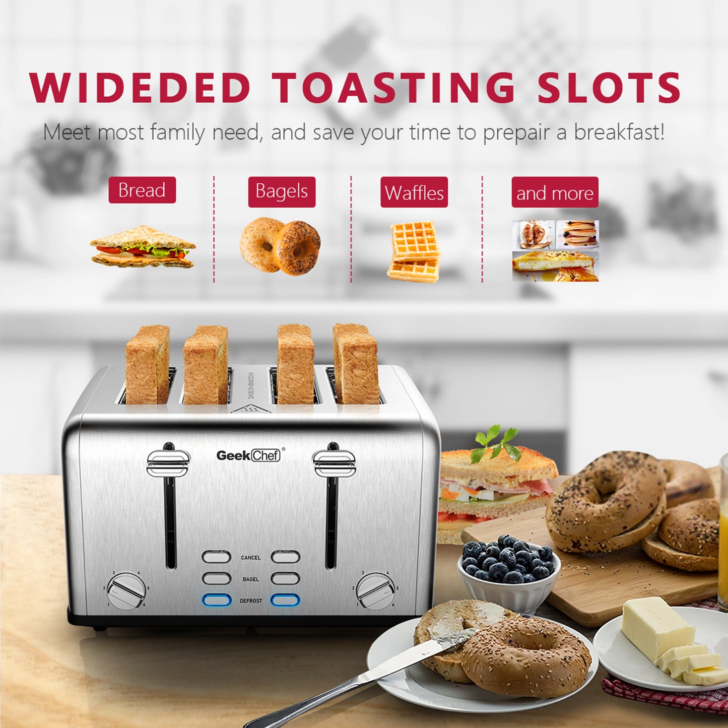 Anrli 4 Slice Toaster Extra Wide Slot Toaster Stainless Steel with Dual Control Panels of Bagel/Defrost/Cancel Function, 6 Toasting Bread Shade Settings, Removable Crumb Trays, Auto Pop-Up,Sliver
