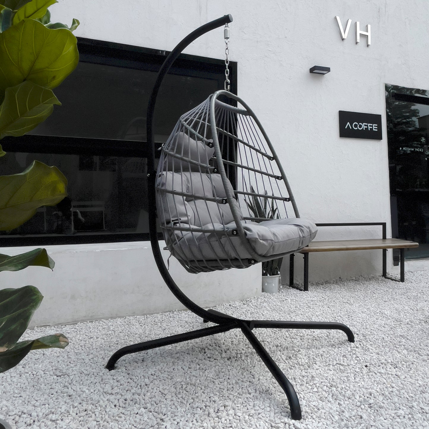 Anrli Indoor Outdoor Patio Wicker Hanging Chair Swing Foldable Hammock Egg Chairs with Stand and Cushions for Kids Adult Patio Bedroom Balcony Gray,350lbs Capaticy