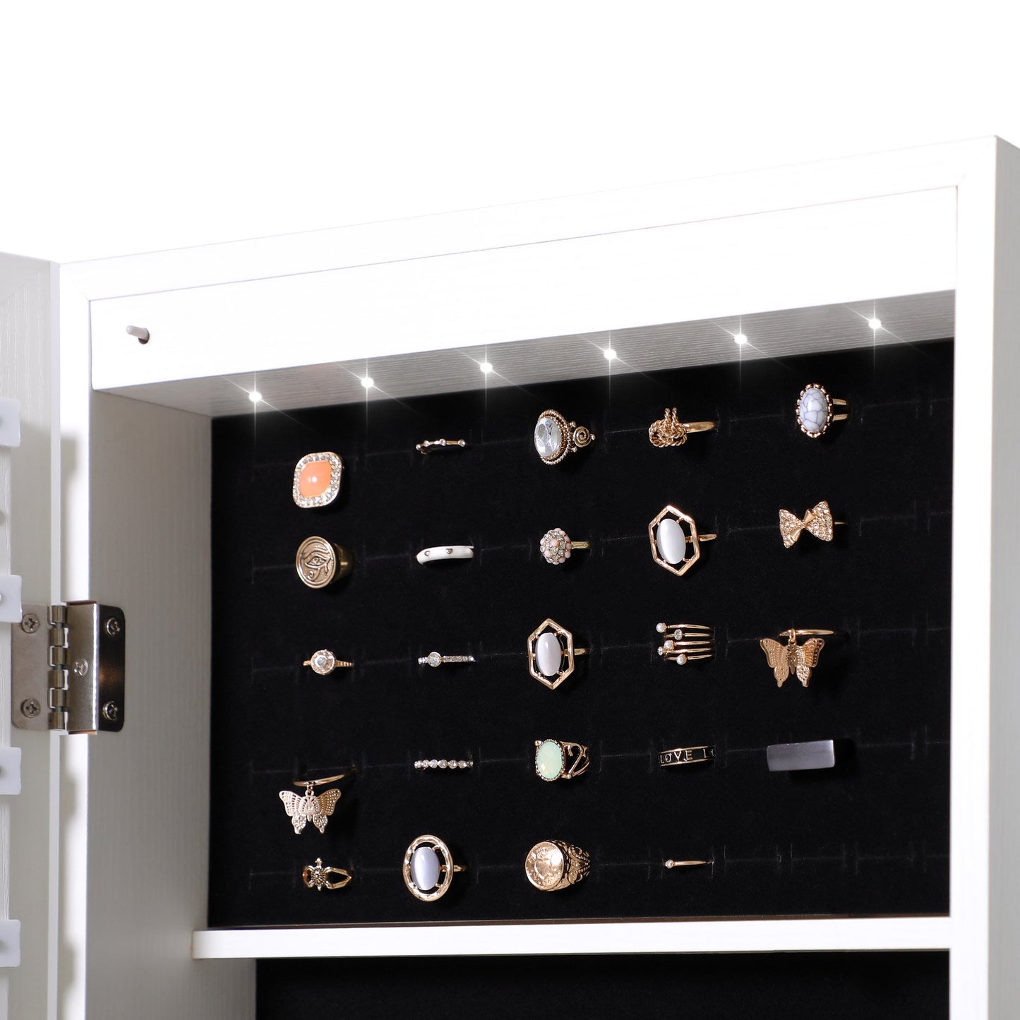 6 LEDs Hanging Mirror Jewelry Armoire Cabinet, Lockable Wall/Door Mounted Jewelry Armoire Organizer with with Full Length Mirror 2 Drawers,White
