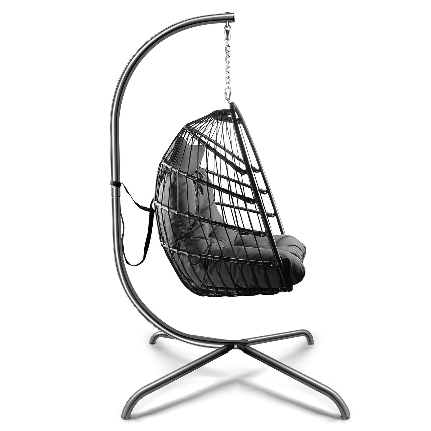 Anrli Foldable Swing Egg Chair with Stand Indoor Outdoor Wicker Rattan Patio Basket Hanging Foldable with Cushion Pillow and C Type Bracket for Kids Adult,Black