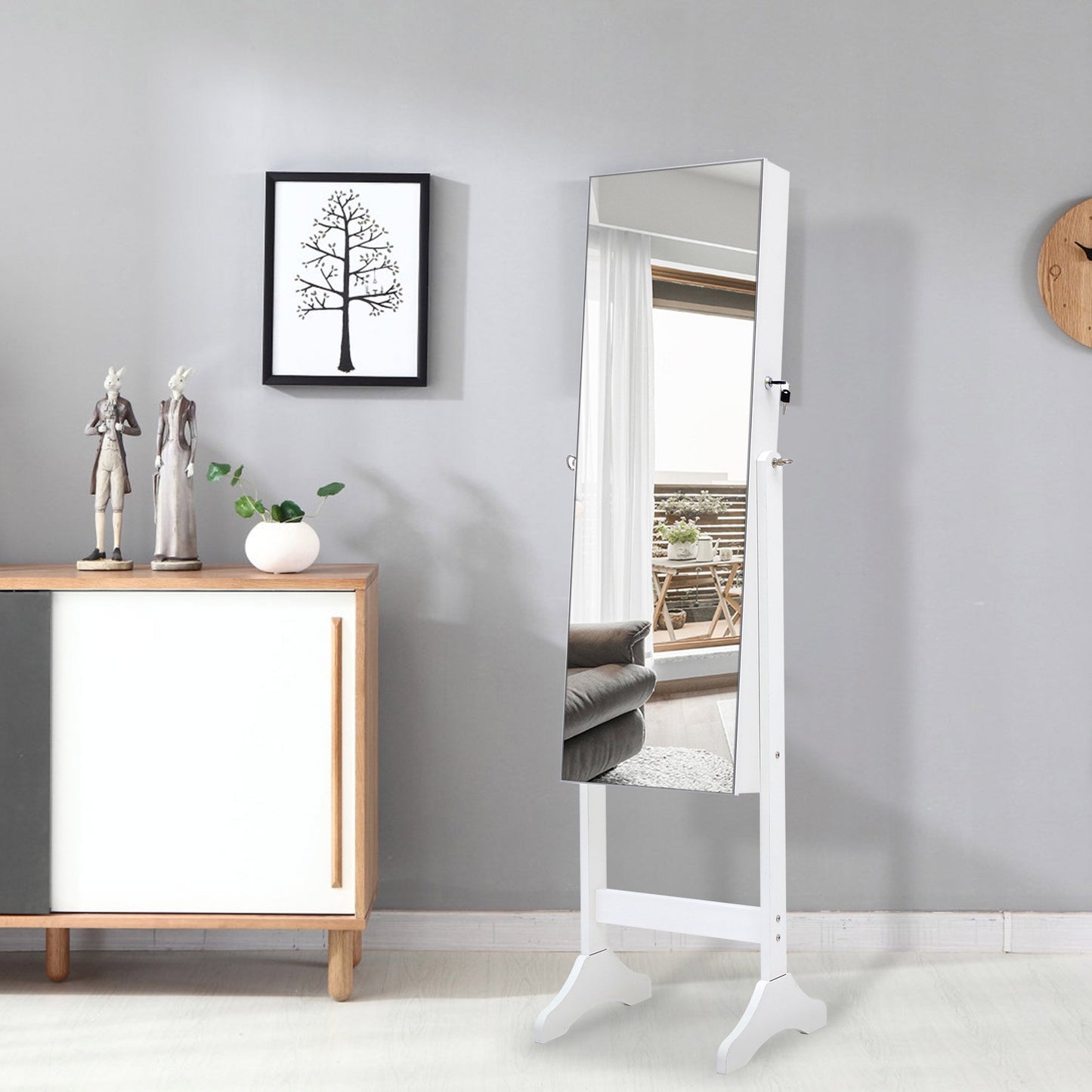 6 LEDs Standing Jewelry Cabinet Armoire with Full-Length Mirror, Lockable Jewelry Storage Organizer, 3 Angle Adjustable White