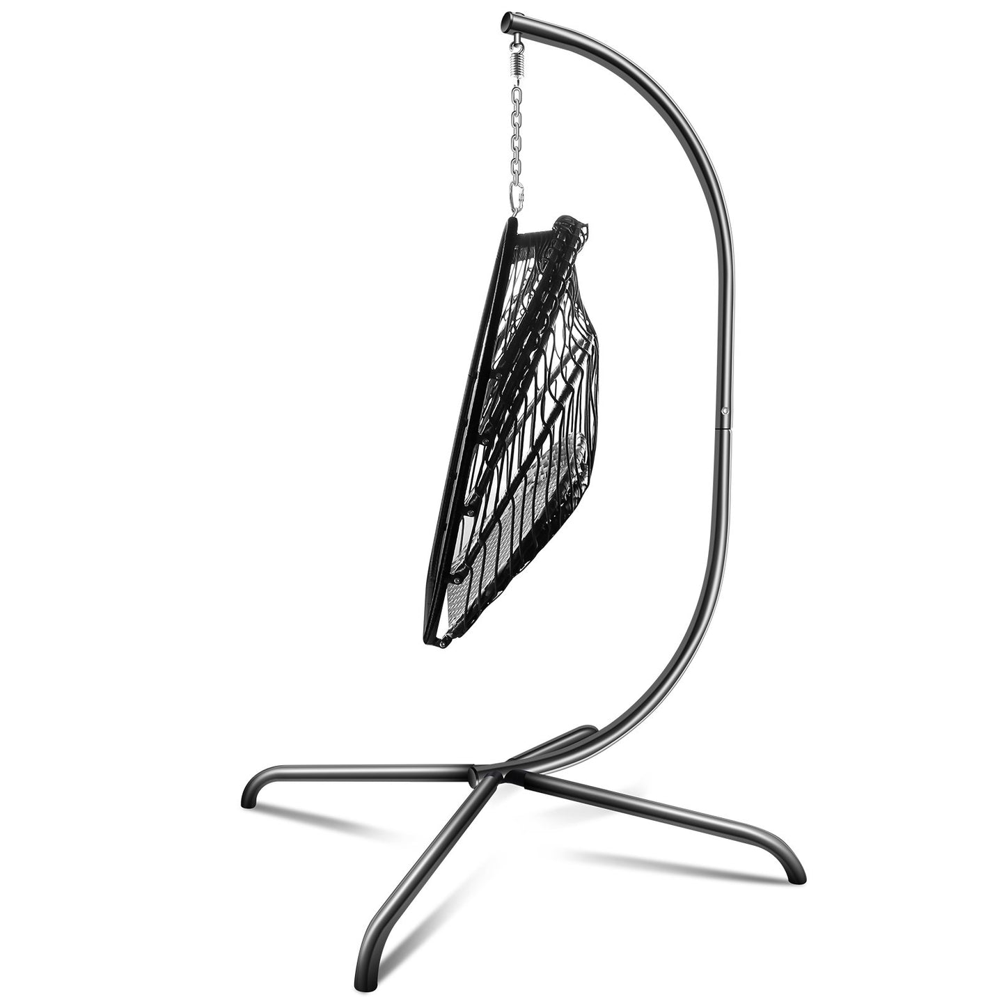 Anrli Foldable Swing Egg Chair with Stand Indoor Outdoor Wicker Rattan Patio Basket Hanging Foldable with Cushion Pillow and C Type Bracket for Kids Adult,Black