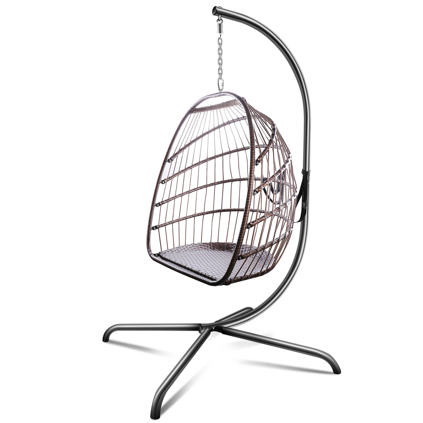 Anrli Patio Foldable Swing Chair Porch PE Wicker Egg Hanging Chair Hammock Chair with Stand and Cushion for Outdoor Balcony Indoor Bedroom,350lbs Capaticy Beige