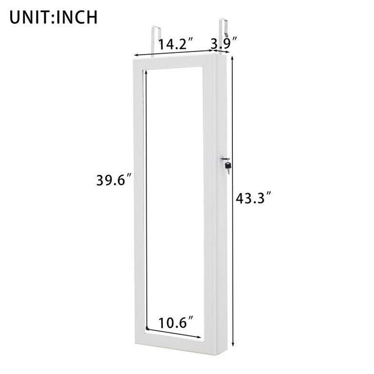 6 LEDs Hanging Mirror Jewelry Armoire Cabinet, Lockable Wall/Door Mounted Jewelry Armoire Organizer with with Full Length Mirror 2 Drawers,White