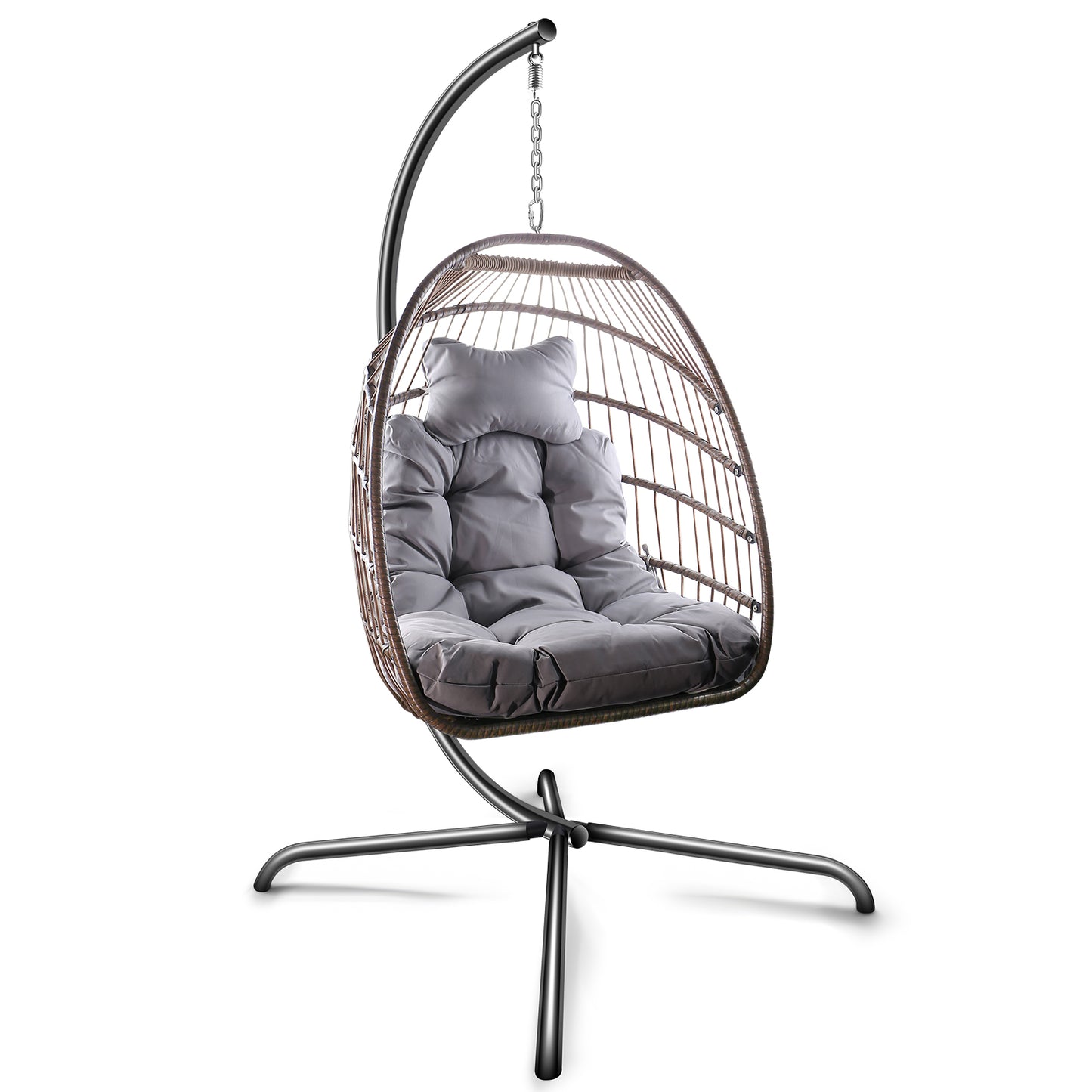 Anrli Patio Foldable Swing Chair Porch PE Wicker Egg Hanging Chair Hammock Chair with Stand and Cushion for Outdoor Balcony Indoor Bedroom,350lbs Capaticy Beige
