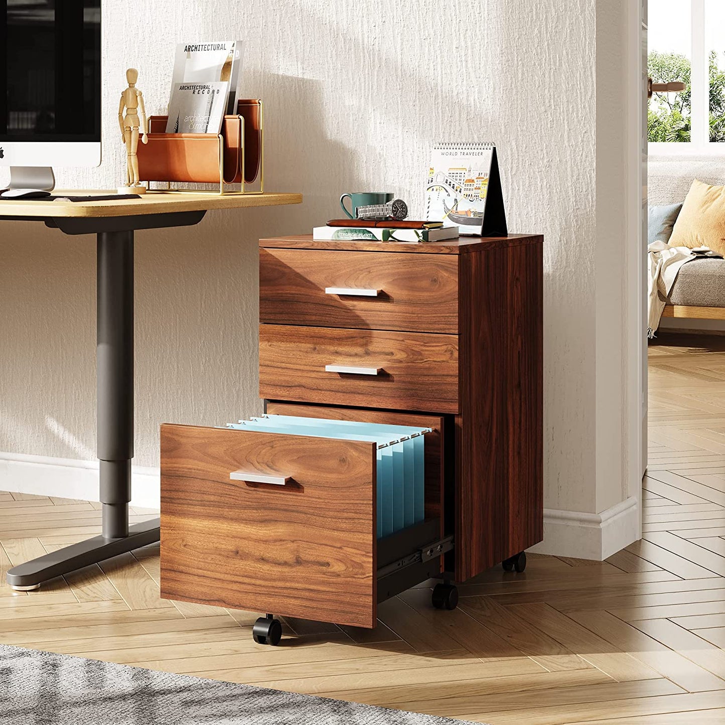 AnrLi 3 Drawer Wood Mobile File Cabinet Filling Cabinets for Office OL Home Bedding Room