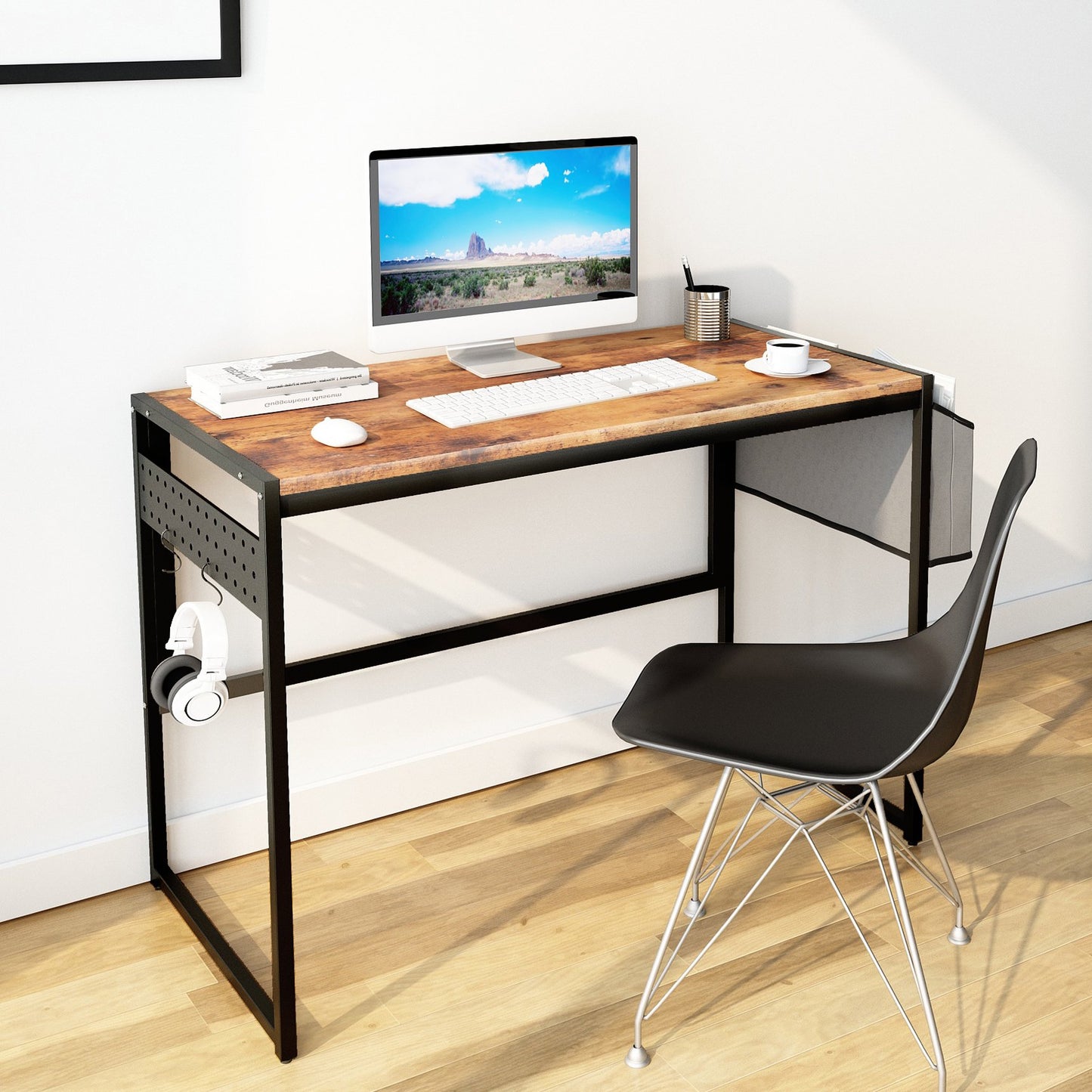 Computer Desk 39inch Study Writing Working Table with Storage Bag and Stable Metal Frame for Home Office Dormitory,Antique Brown