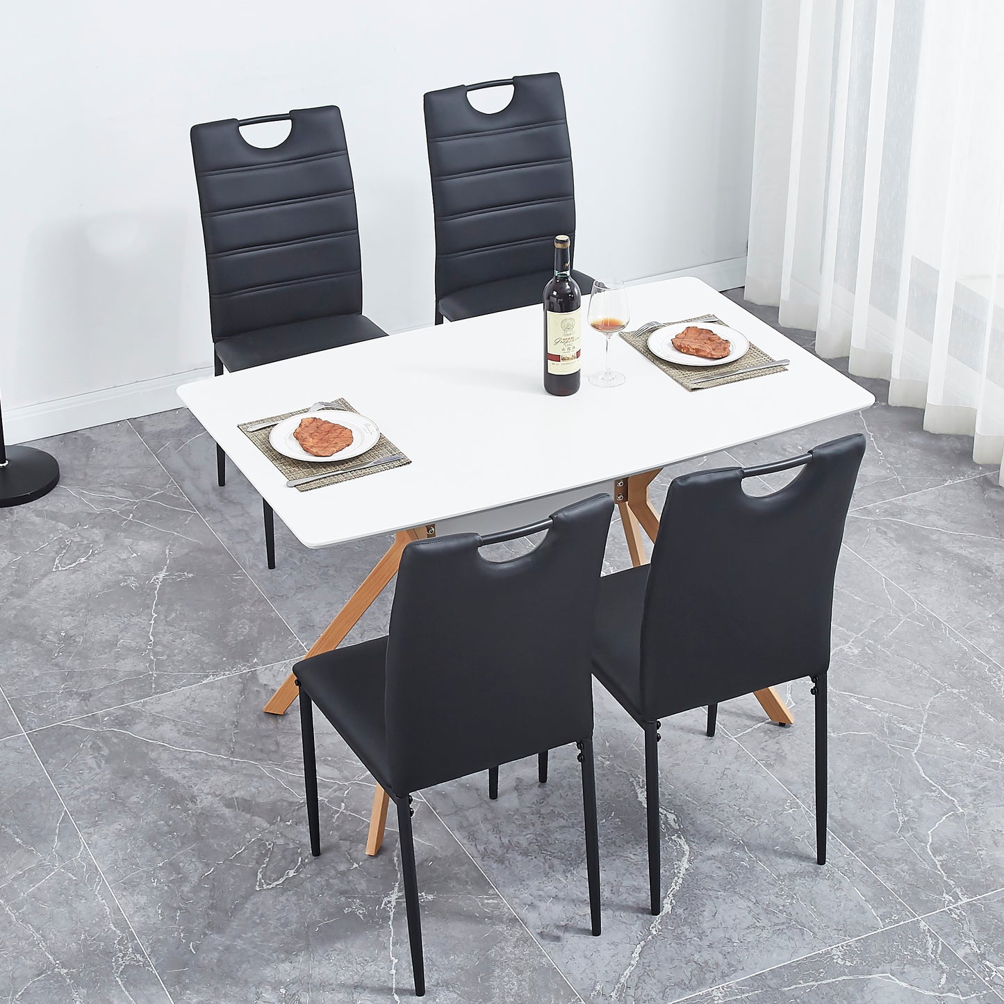 Leather Dining Chair with Cushion and D-hand High Back,Assembled Dinner Room Chairs,Set of 4,Black