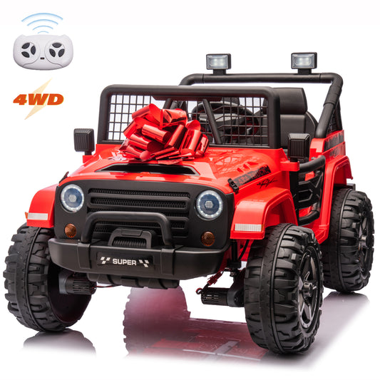 Joyracer 24V Ride on Truck Car w/ Remote, 2 Seater 4WD/2WD Switchable Electric Car for Kids, 4x100W Motor Power Four Wheels, Kids Outdoor Toys for Boys Girls, Max Speed 6Mph, Bluetooth/Music, Red--055