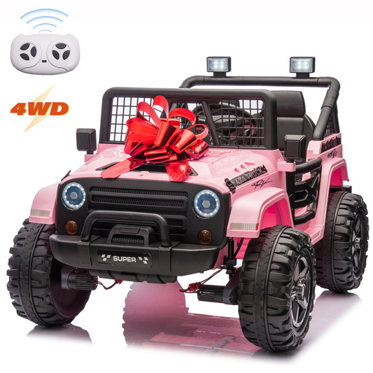 Joyracer 24V Ride on Truck Car w/ Remote, 2 Seater 4WD/2WD Switchable Electric Car for Kids, 4x100W Motor Power Four Wheels, Kids Outdoor Toys for Boys Girls, Max Speed 6Mph, Bluetooth/Music, Pink--055