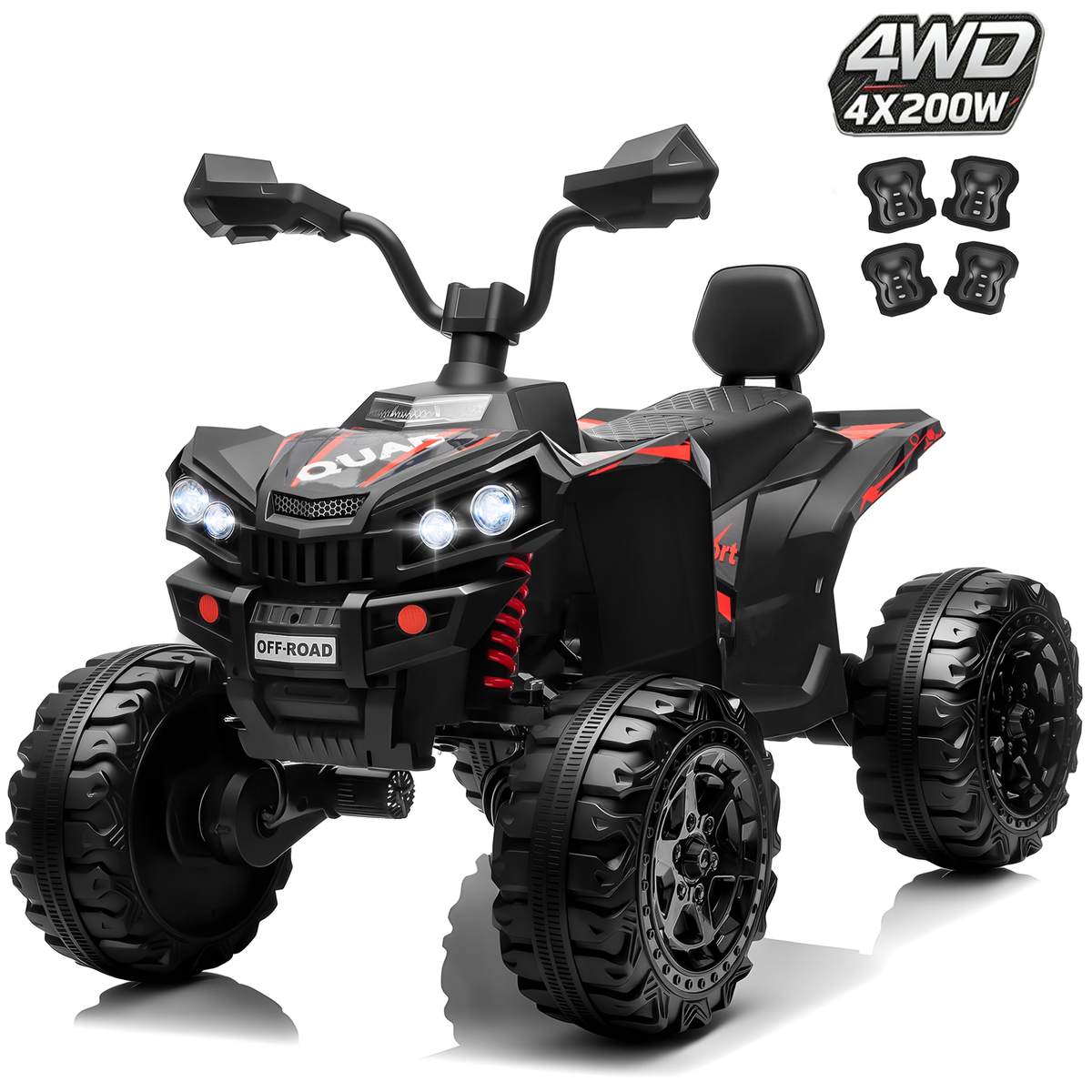 24V Kids Ride On ATV for Ages 3-8, 4WD Electric Quad with 4 Motors, Bluetooth Music, LED Lights, Spring Suspension, 3-5 km/h, 110 lbs Capacity, Battery Powered Toy for Boys Girls-2602