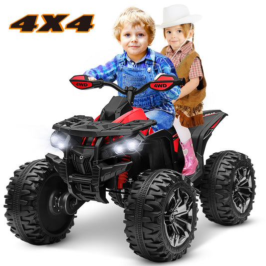 24V Kids Ride on ATV with 2 Seater, 4WD 4-Wheeler Quad Electric Car Toy w/ 4x200W Powerful Motor, High/Low Speed, Bluetooth, Radio, Music, LED Light for Boys & Girls Gift, Red