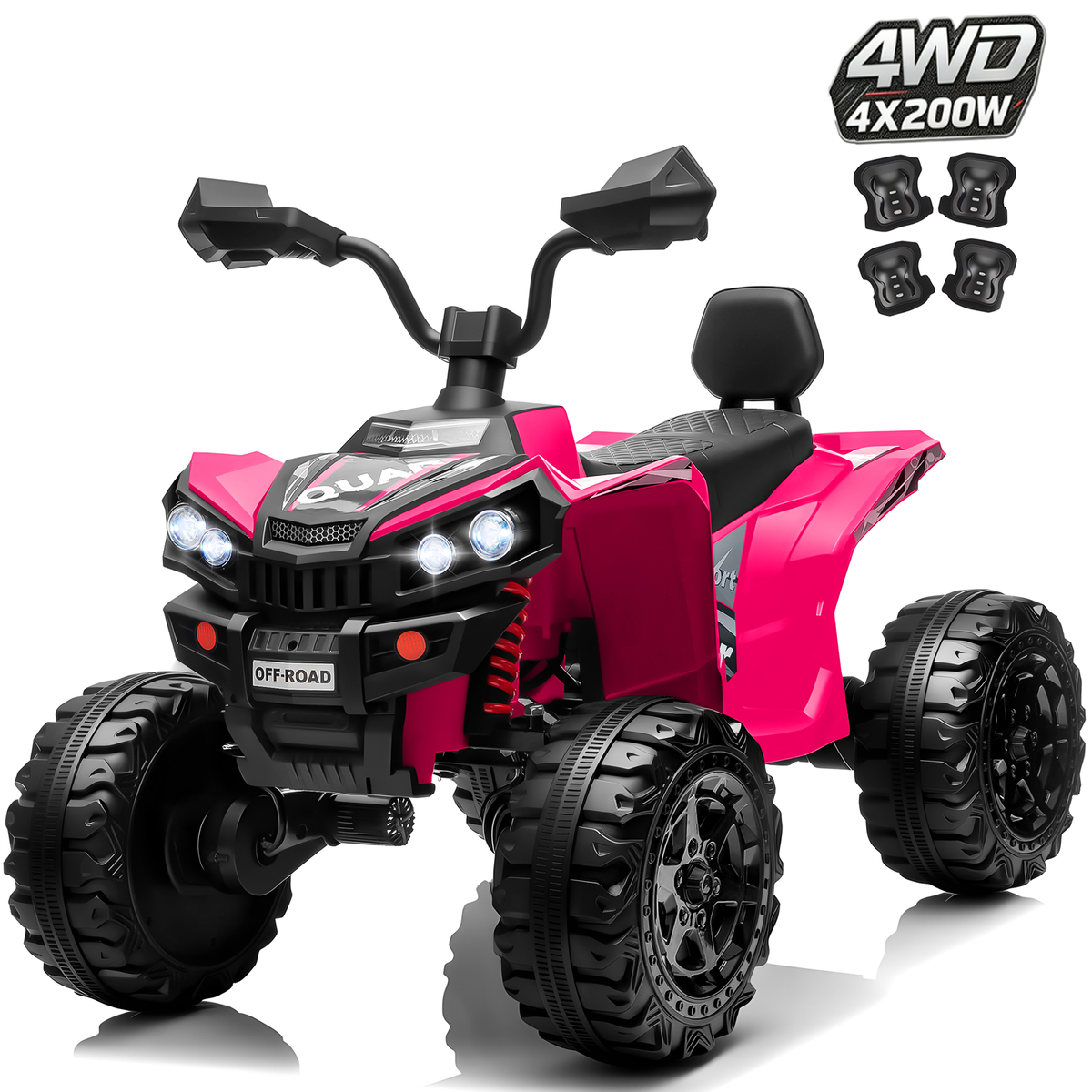24V Kids Ride On ATV for Ages 3-8, 4WD Electric Quad with 4 Motors, Bluetooth Music, LED Lights, Spring Suspension, 3-5 km/h, 110 lbs Capacity, Battery Powered Toy for Boys Girls-2602