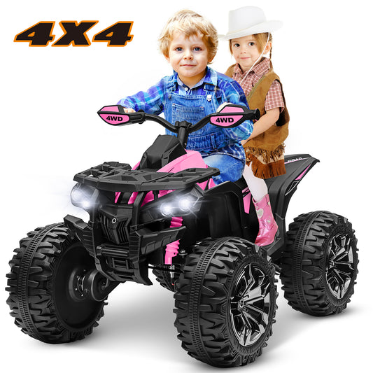 24V Kids Ride on ATV with 2 Seater, 4WD 4-Wheeler Quad Electric Car Toy w/ 4x200W Powerful Motor, High/Low Speed, Bluetooth, Radio, Music, LED Light for Boys & Girls Gift, Pink