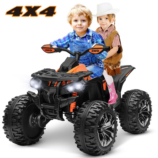 24V Kids Ride on ATV with 2 Seater, 4WD 4-Wheeler Quad Electric Car Toy w/ 4x200W Powerful Motor, High/Low Speed, Bluetooth, Radio, Music, LED Light for Boys & Girls Gift, Orange