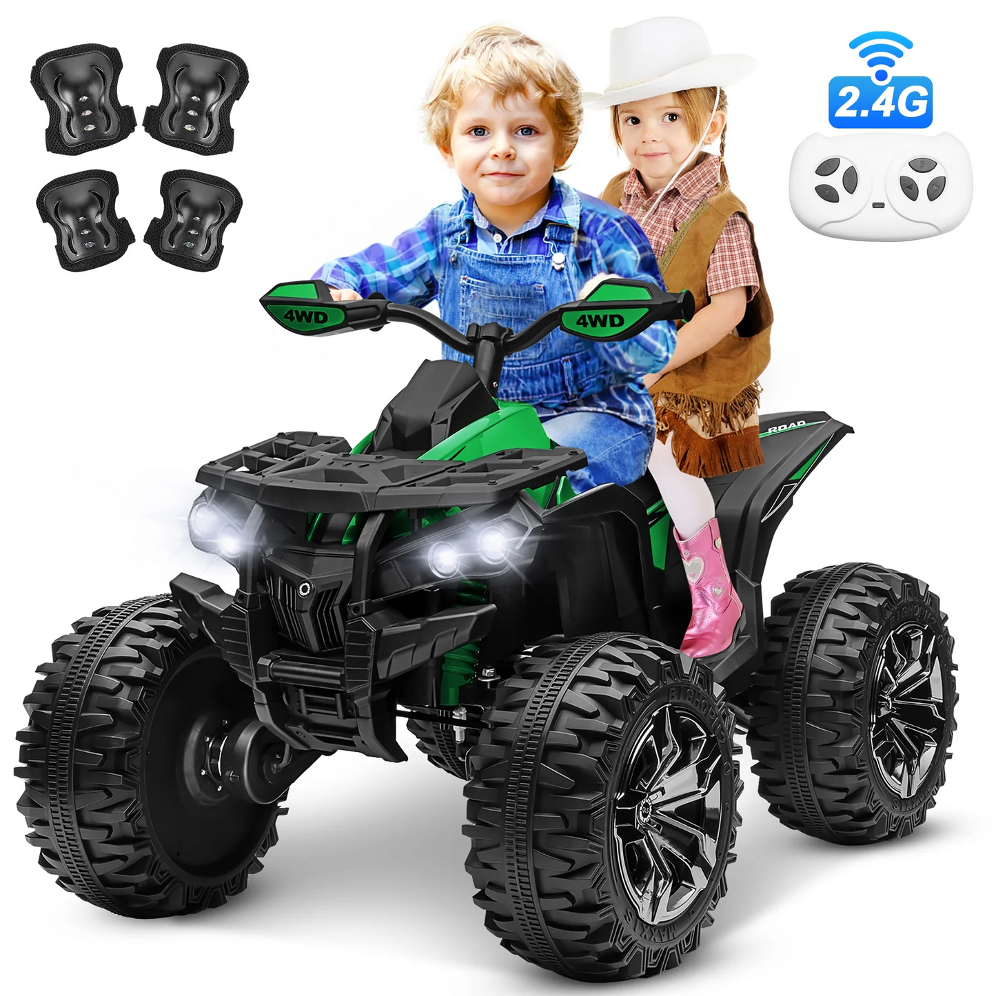 Joyracer 4x4 24V Kids Ride on ATV w/ Remote, 2 Seater Powerful 4-Wheeler Quad Electric Car, 800W Motor Ride on Toys w/ High/Low Speed, Bluetooth/MP3, Horn, Music, LED Light for Big Kids Gift