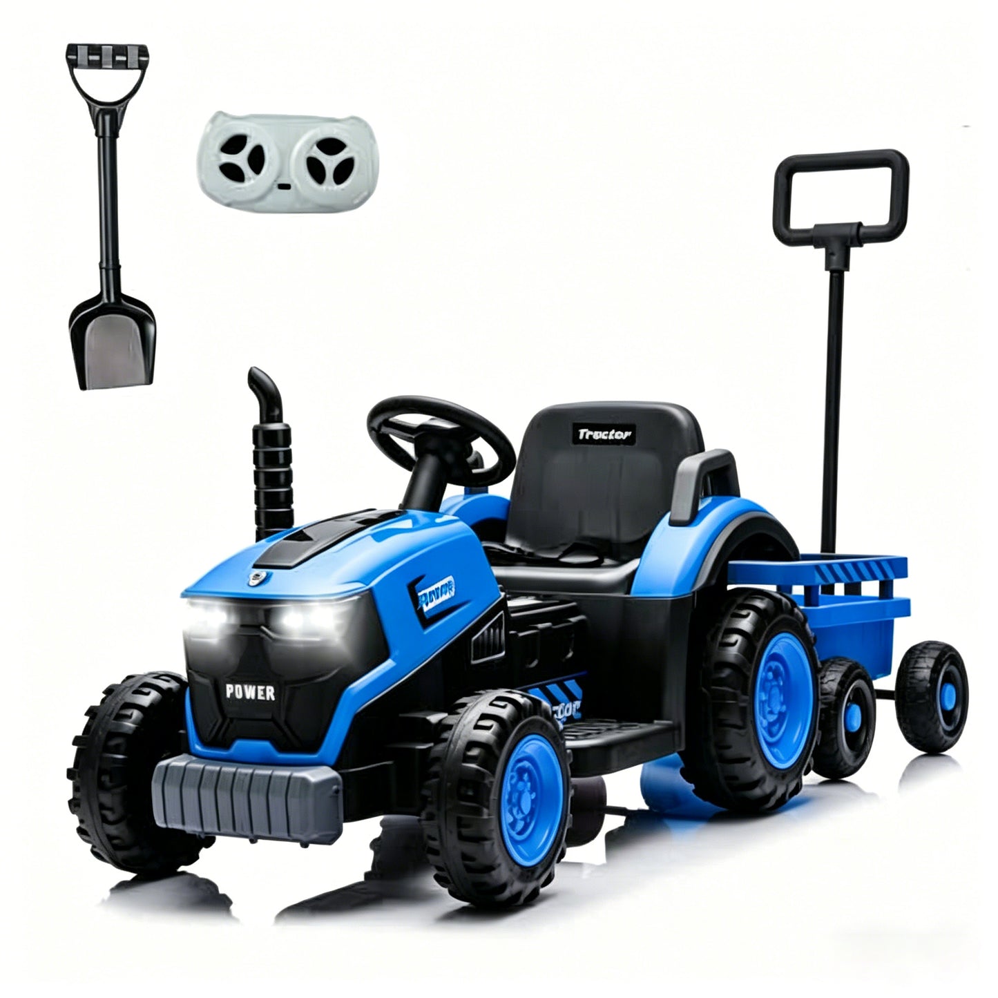 Joyracer 12V Ride on Toys, 2-in-1 Ride on Tractor with Detachable Trailer & Remote Control, Power Car Wheels w/ Shovel, Bluetooth, Music, LED Lights-319