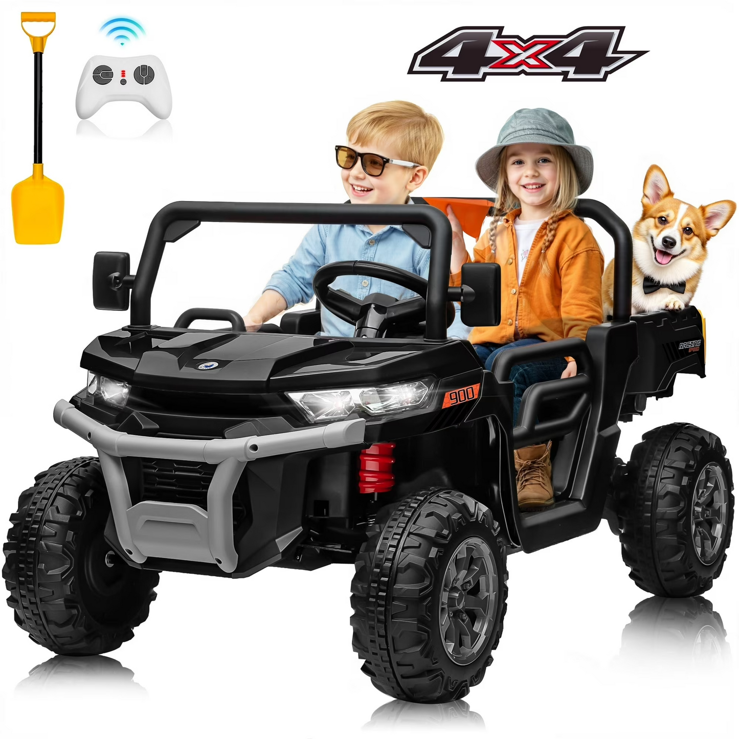 Joyracer 4WD 24 Volt Ride on Toys, 800W Ride on Truck for Kids, 2 Seater Power Car Wheels w/ Dump Bed & Shovel, Ride on UTV w/Remote Control, Bluetooth, LED Lights